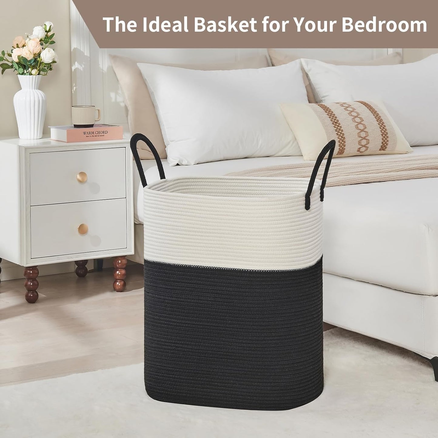 Laundry Basket with Handles - Blanket Basket & Hampers for Bedroom Aesthetic, Laundry Hamper & Blanket Storage for Living Room, Clothes Hamper, Tall, Large 17" x 14" x 25”, White & Black