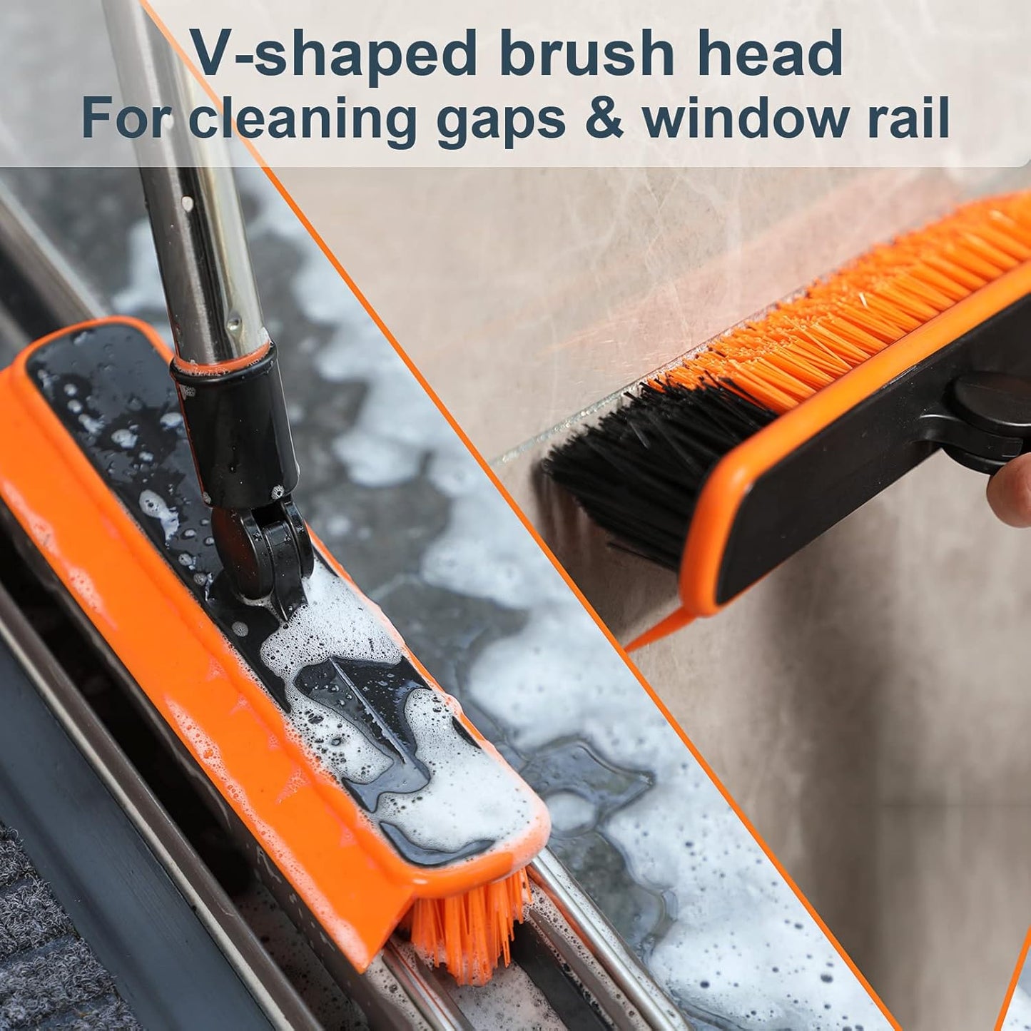 2 in 1 Floor Scrub Brush Grout Brush with 57.8" Long Handle,120°Rotatable Shower Tile Grout Cleaner Scrubber,V-Shaped Corner Brush for Hard to Reach Areas (Orange)