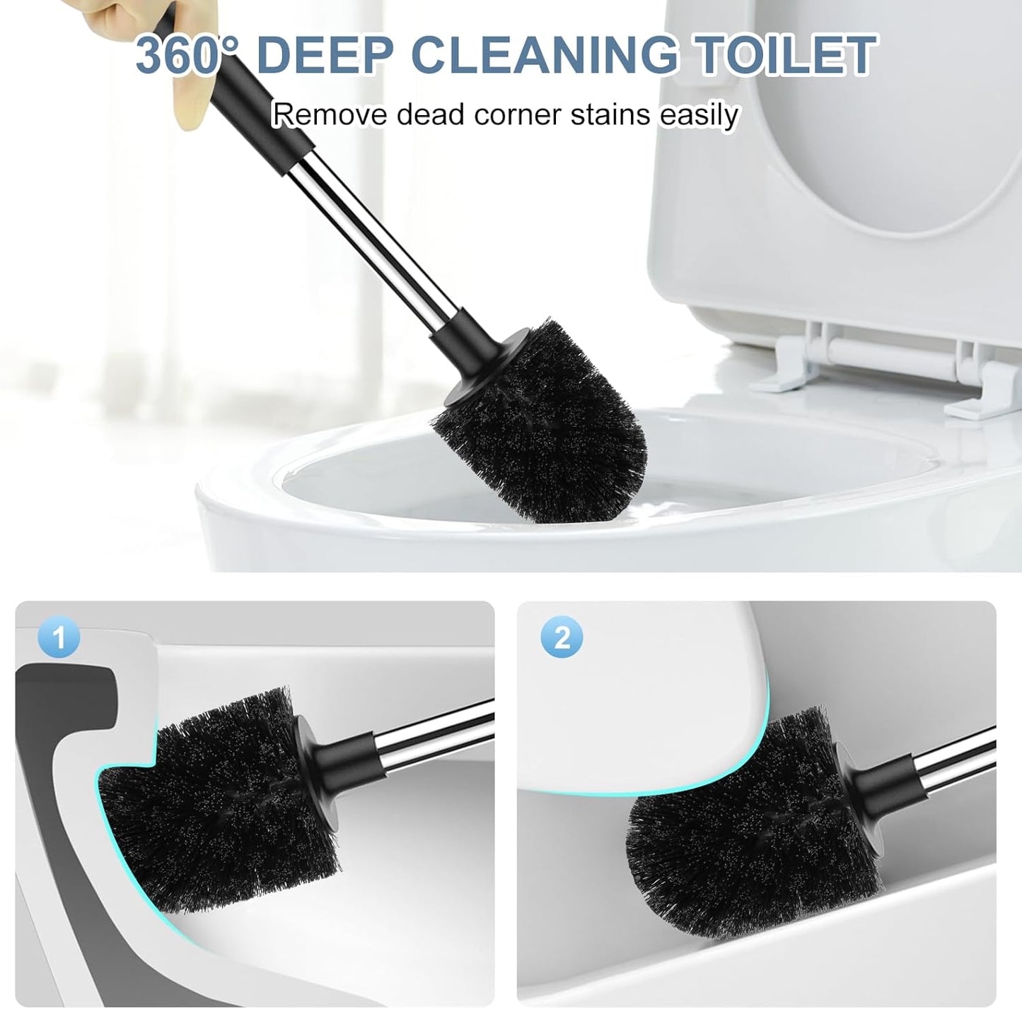 SetSail Toilet Brush and Holder 4 Pack, Self Closing Lid Toilet Bowl Brushes Holder Extra Long Handle Ventilated Toilet Brush Set for Bathroom Cleaning, Nylon Bristles, Black