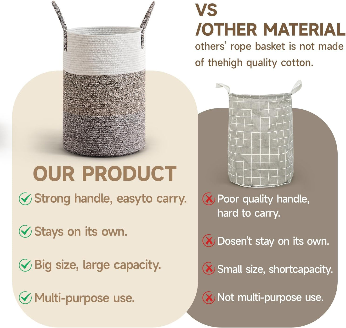 CLHMILY&Z 40L Laundry Basket Round Storage Rope Basket - 13x18 Inches - Laundry Hamper in Bedreoom and Mutil Storage Bin for Blankets, Toys, and Nursery Essentials