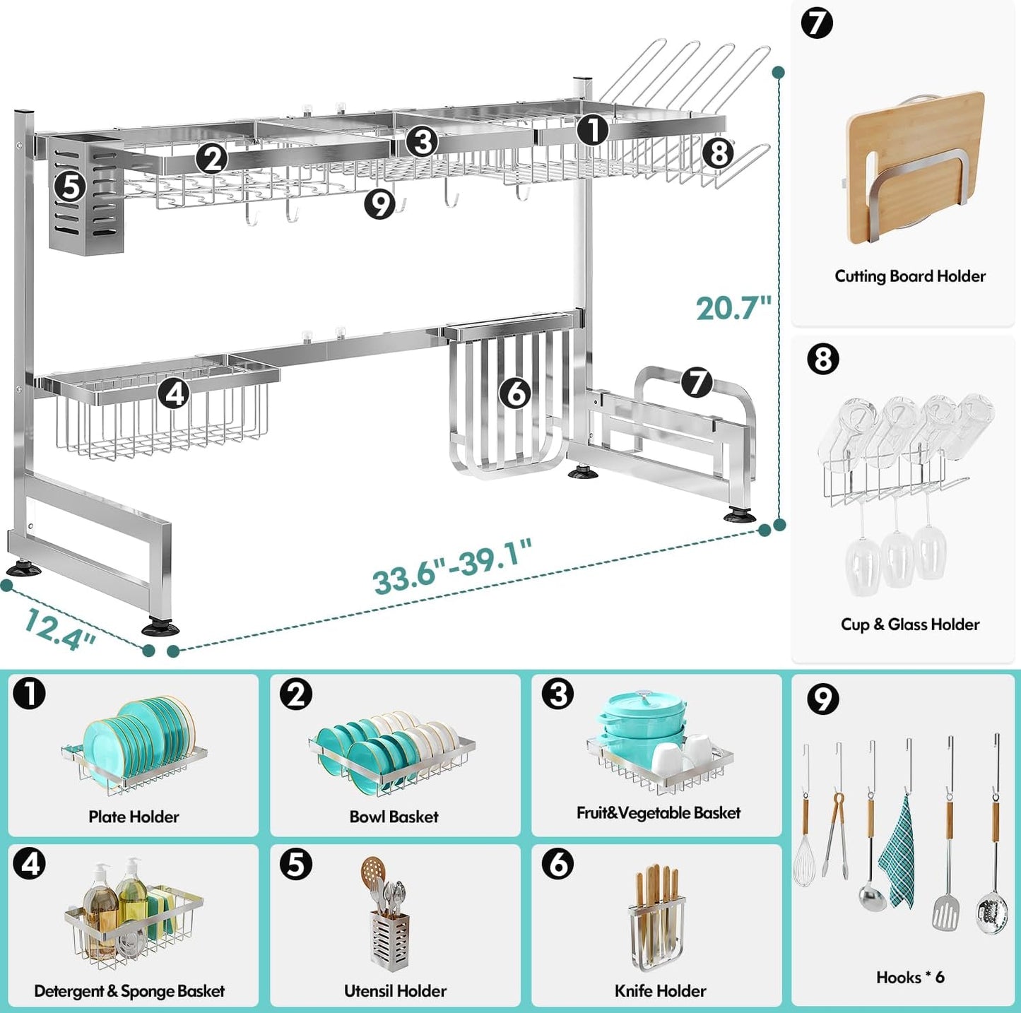 MAJALiS Over Sink Dish Drainer Drying Rack, 2 Tier Stainless Steel Dish Rack Over Sink Sink Length Adjustable (33.5-40 in), Expandable Drainer Shelf Rack with Multifunctional Organizers, Sliver