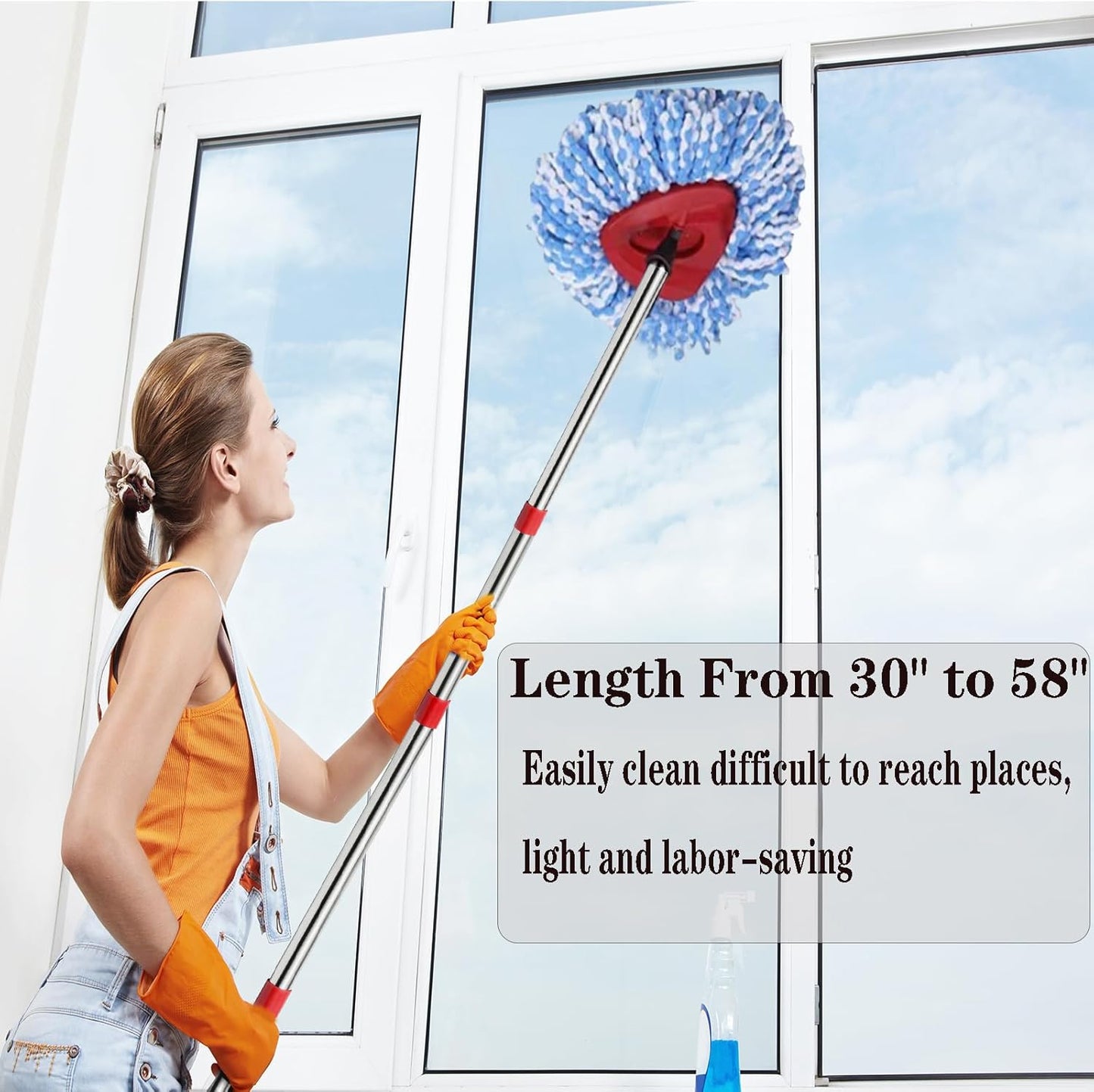 Spin Mop Replacement Handle, 4-Section 30-to-58 inch Mop Replacement Stick and Base Compatible with Ocedar Mop Handle for Easy Wring Mop Refills, Germany Screw Joint(Mop Head not Include)