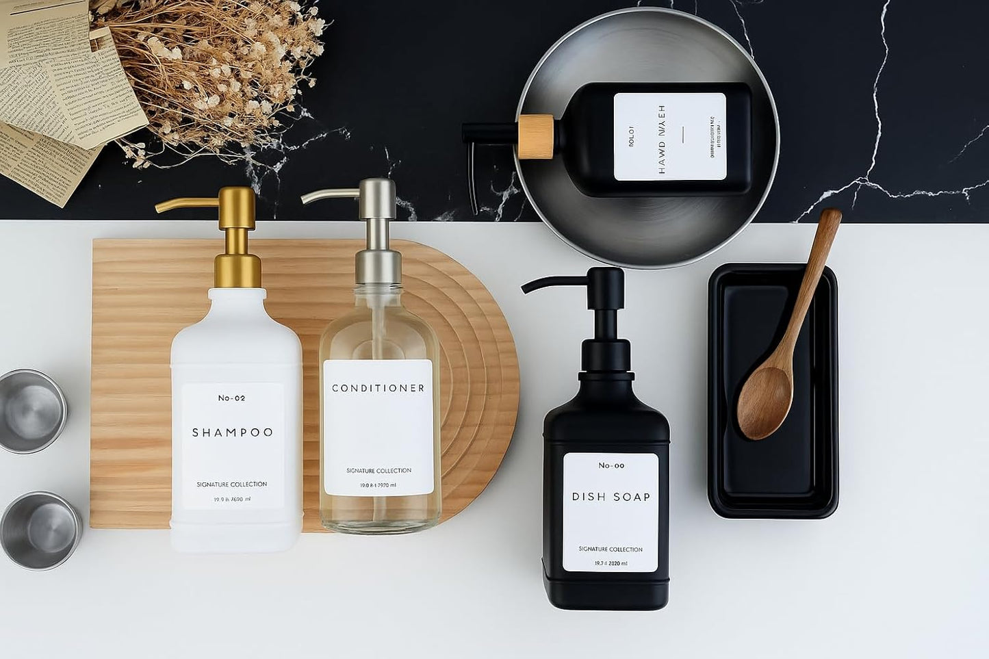 Emerson Essentials Soap Dispenser, Dish Soap Dispenser, Soap Bottle Bathroom Set, Hand Soap Dispenser, Kitchen Soap Dispenser Set - Glass Soap Dispenser with Pump and Labels, 16 Oz, 2 Pack