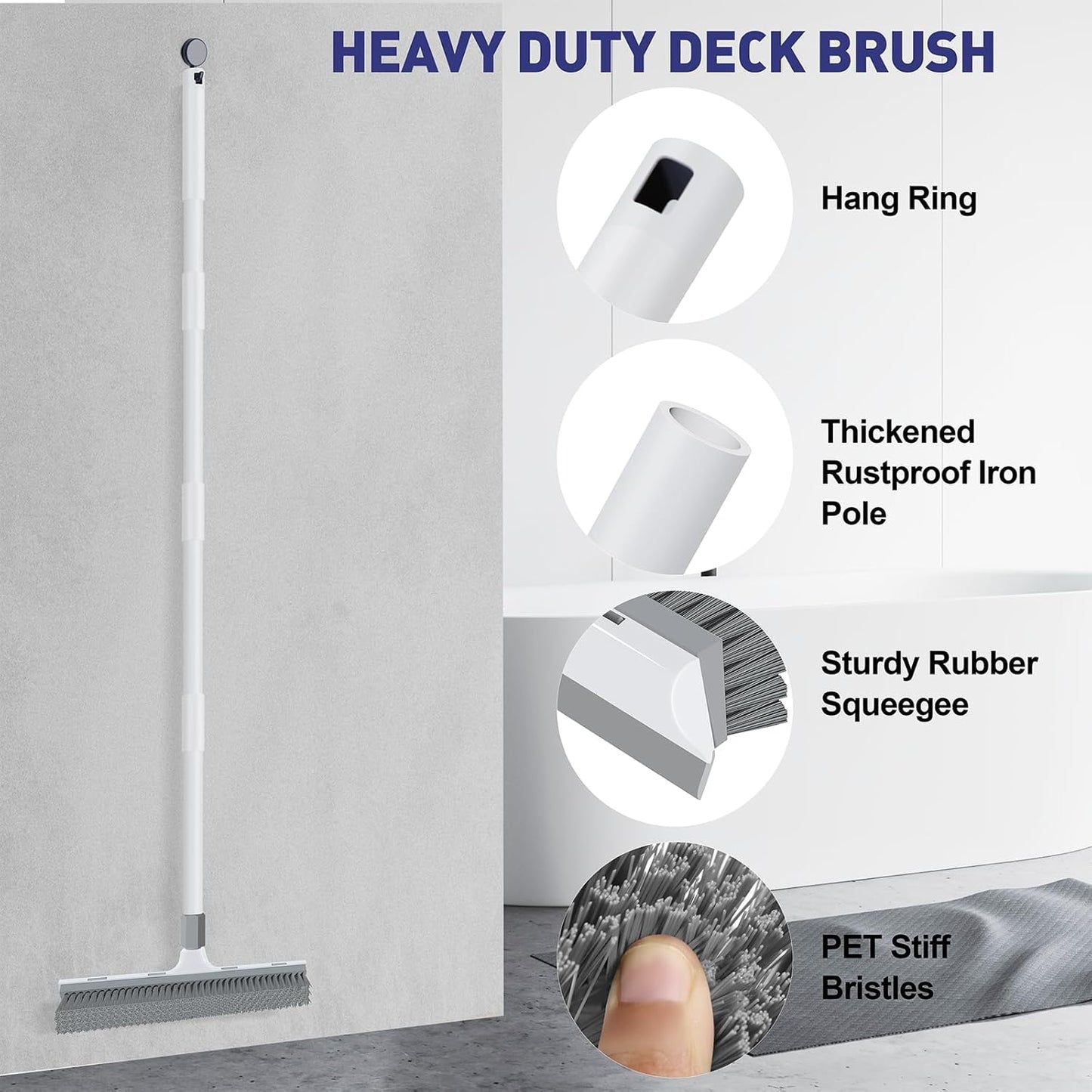 Floor Scrub Brush with 60 inch Long Handle, 2 in 1 Heavy Duty Stiff Bristle Floor Scrubber Brush and Scraper for Cleaning Shower, Tile, Bathroom, Kitchen, Deck, Garage, Patio