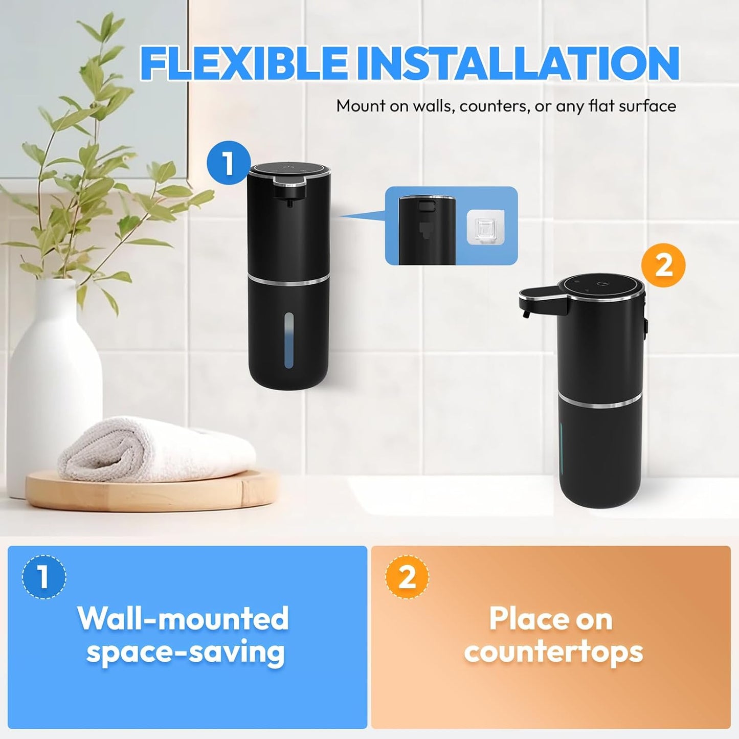 2 Pack Automatic Soap Dispenser Touchless,Liquid Hand Soap Dispenser 12.8oz USB 4levels Adjustable Dispenser Electric Wall Mounted Smart for Bathroom and Kitchen Dish Soap,Easy for Toddlers(Black)