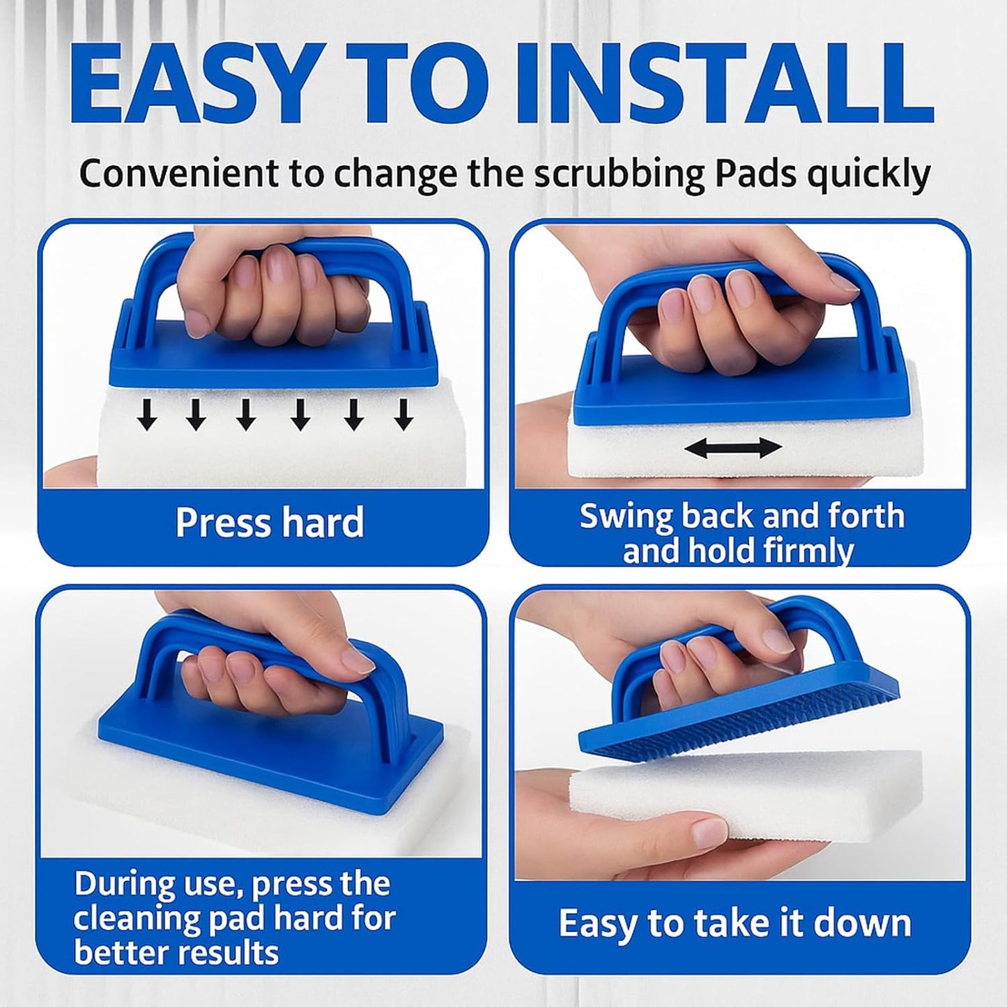 6 Pcs Hand Scrubber, Bathtub Scrubber with Handle, Non-Scratch Bathroom Scrubbing Pads for Cleaning Shower Tile Bathtube Sink Swimming Pool Step & Corner (Blue)