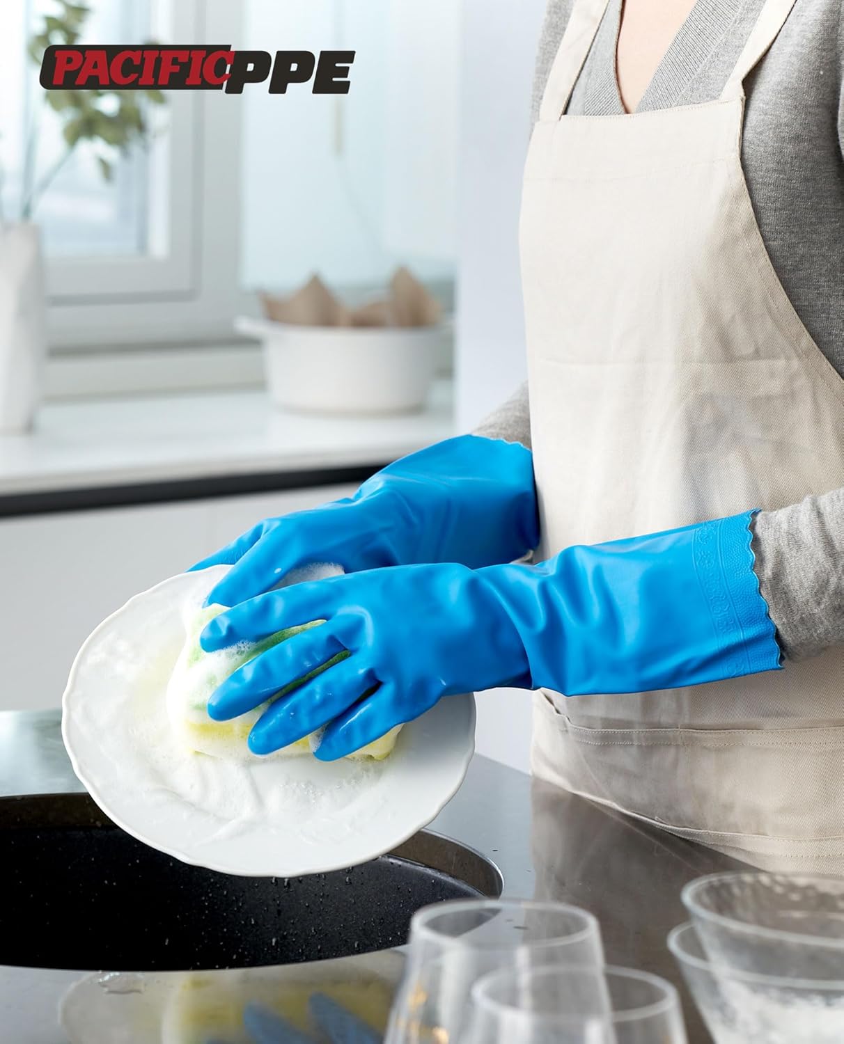 PACIFIC PPE 2 Pairs Reusable Dishwashing Cleaning Gloves with Latex Free, Cotton Lining, Kitchen Gloves, Blue, Medium
