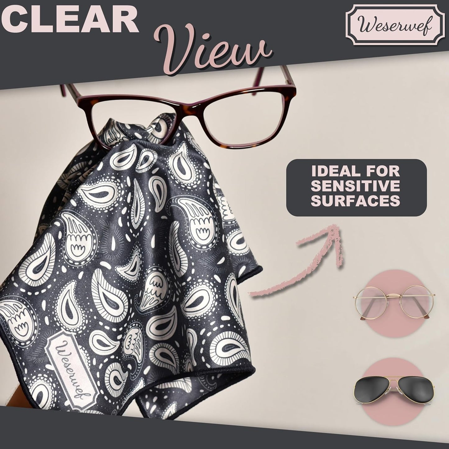 WESERWEF Design Microfiber Glasses Cleaning Cloth – Premium Cleaning Cloth for Eyeglasses, Screens, Tablets, Cameras & Lenses, 12" x 12", Ultra-Soft & Scratch-Free (Doodle)