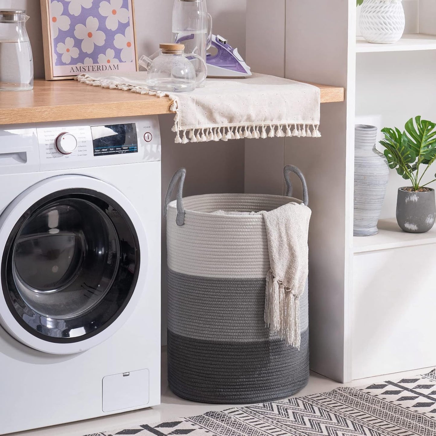 YOUDENOVA Woven Rope Laundry Hamper Basket, 58L Tall Luandry Basket, Baby Nursery Hamper for Blanket Storage, Clothes Hampers for Laundry in Bedroom-Large-Dark Grey