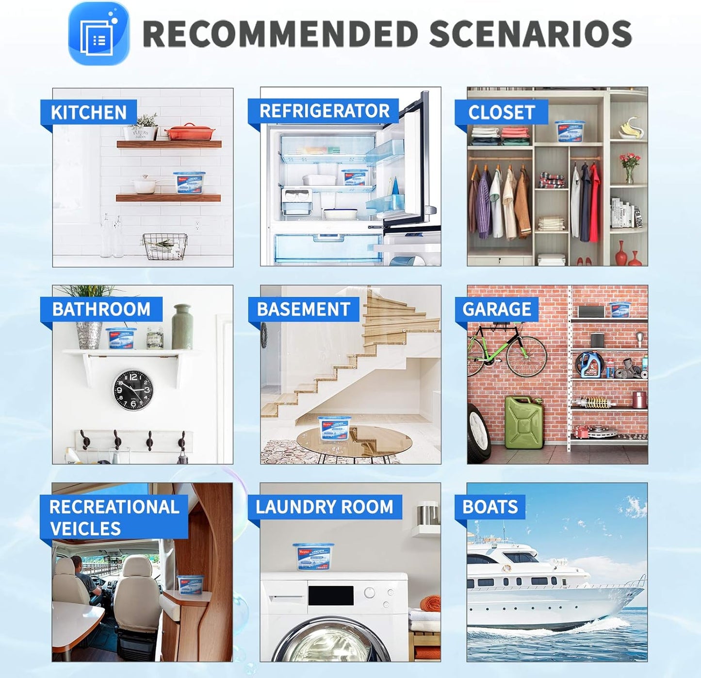 Vacplus Moisture Absorbers 12 Pack, 10.5 Oz, Humidity Absorber Boxes Attracts Extra Moisture from Your Bathroom, Closet, Kitchen, Dehumidifier for Closet (Ocean Scent), Light blue