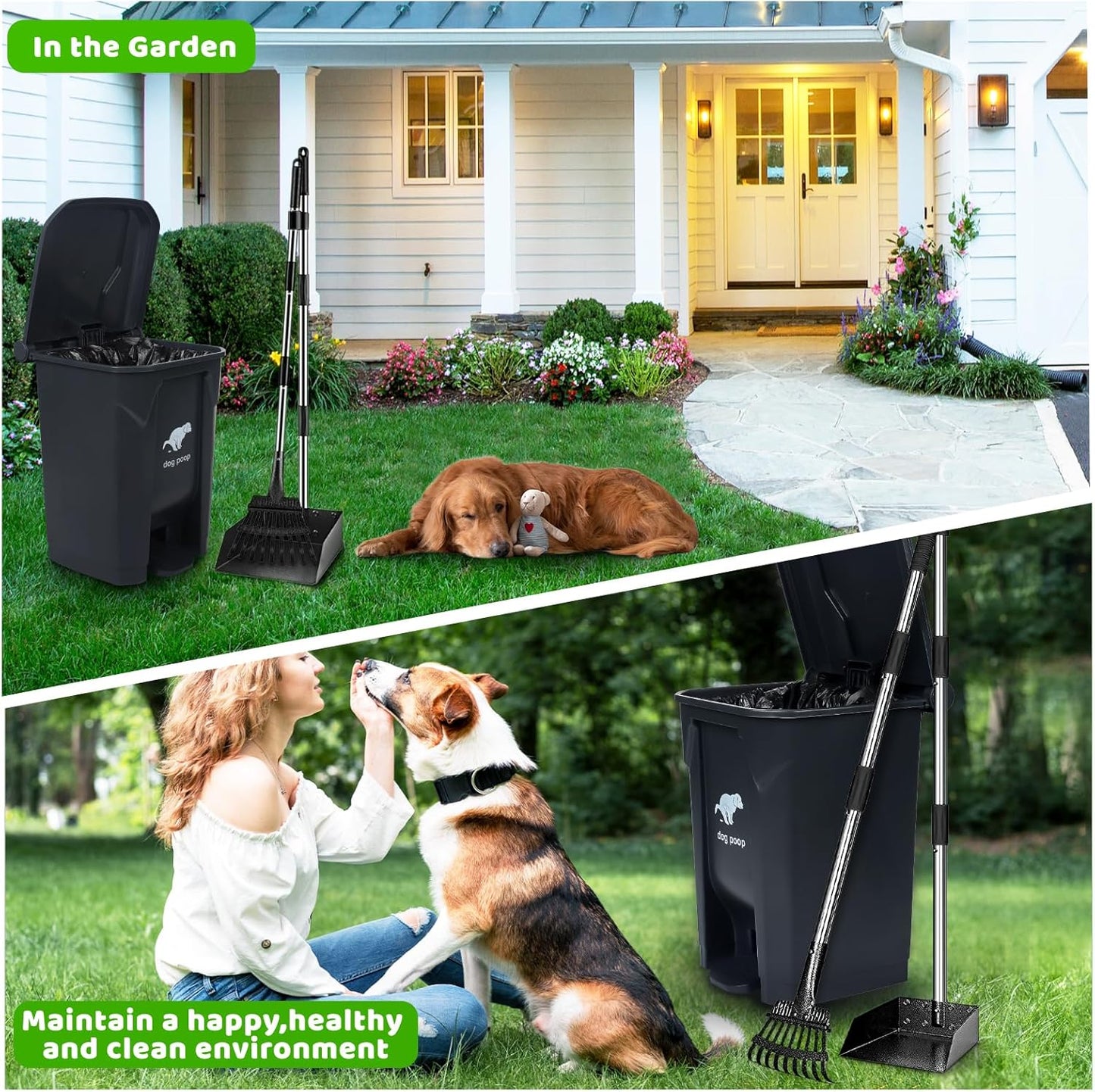 Dog Poop Trash Can Outside with Pooper Scooper, 20L/5Gal Dog Waste Trash Can with Lid, Pedal and Removable Inner Bin, Pet Poop Bin with Metal Rake & Tray and 100 Bags