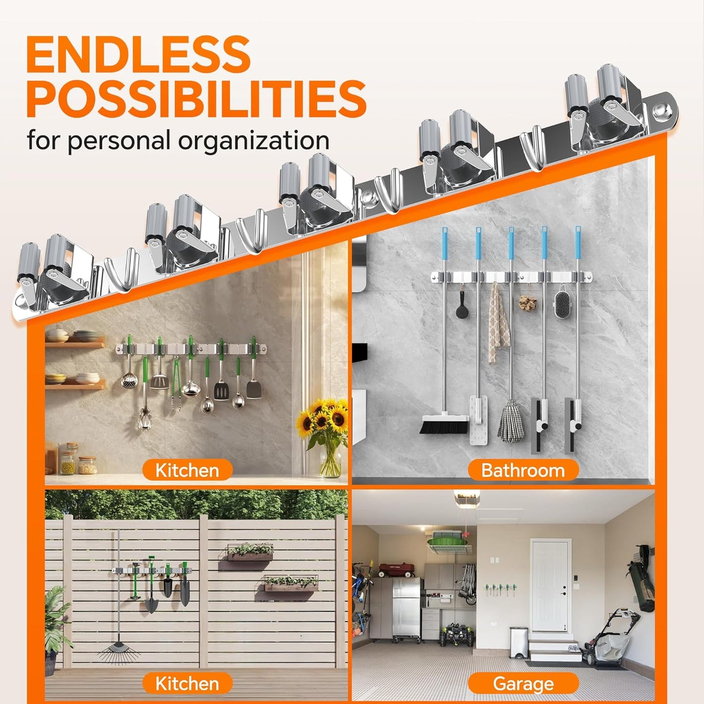 5 Grippers Broom Holder Wall Mount with 4 Hooks Stainless Steel Mop and Broom Organizer Self Adhesive or Screw Fixing for Garden Tool Rack Closet Laundry Room Kitchen Garage Storage Utility Hook