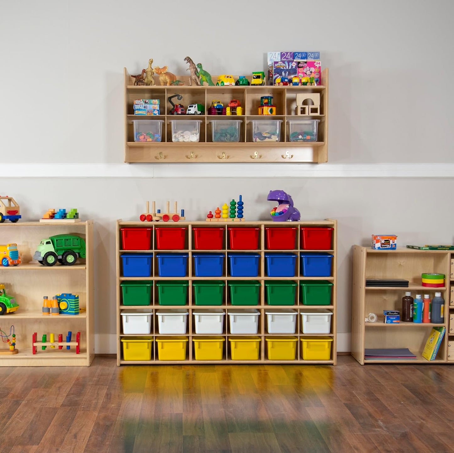 Wood Designs Cubby Storage Bin, Heavy Duty Plastic Containers for Kids Assorted Cubby Tray Set of 30