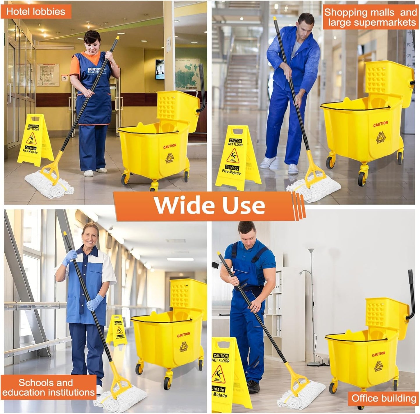 38 Qt Commercial Mop Bucket with Side Press Wringer on Wheels and Mops Set for Floor Cleaning,Including 1 Industrial Mop and Wet Floor Caution Sign,Yellow,Beyoco