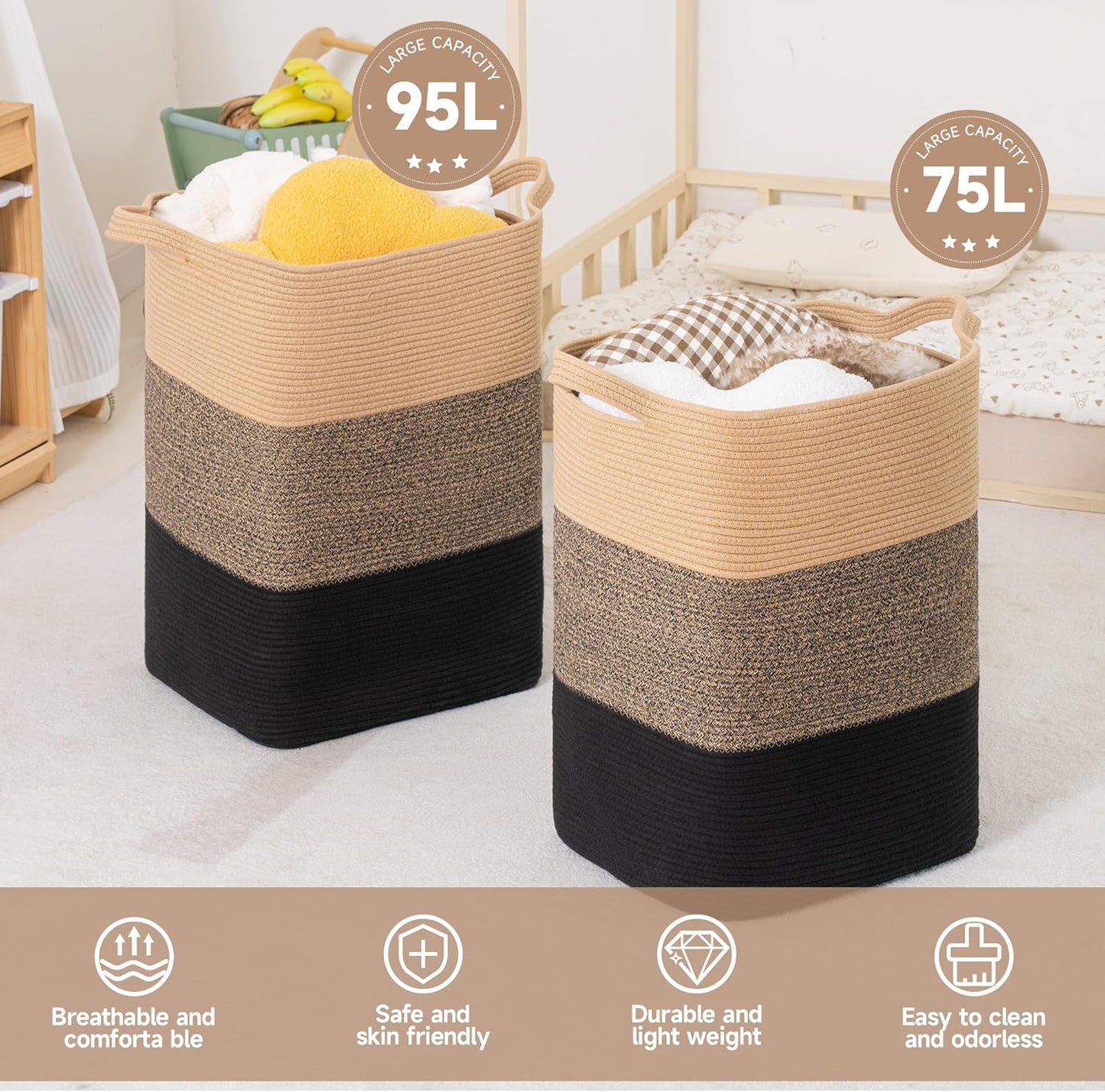 CLHMILY&Z 75L Laundry Basket Rectangular Black Jute Rope - 16x13x22 Inches - Dirty Clothes and Soft Storage Bin for Blankets, Toys, and Nursery Essentials