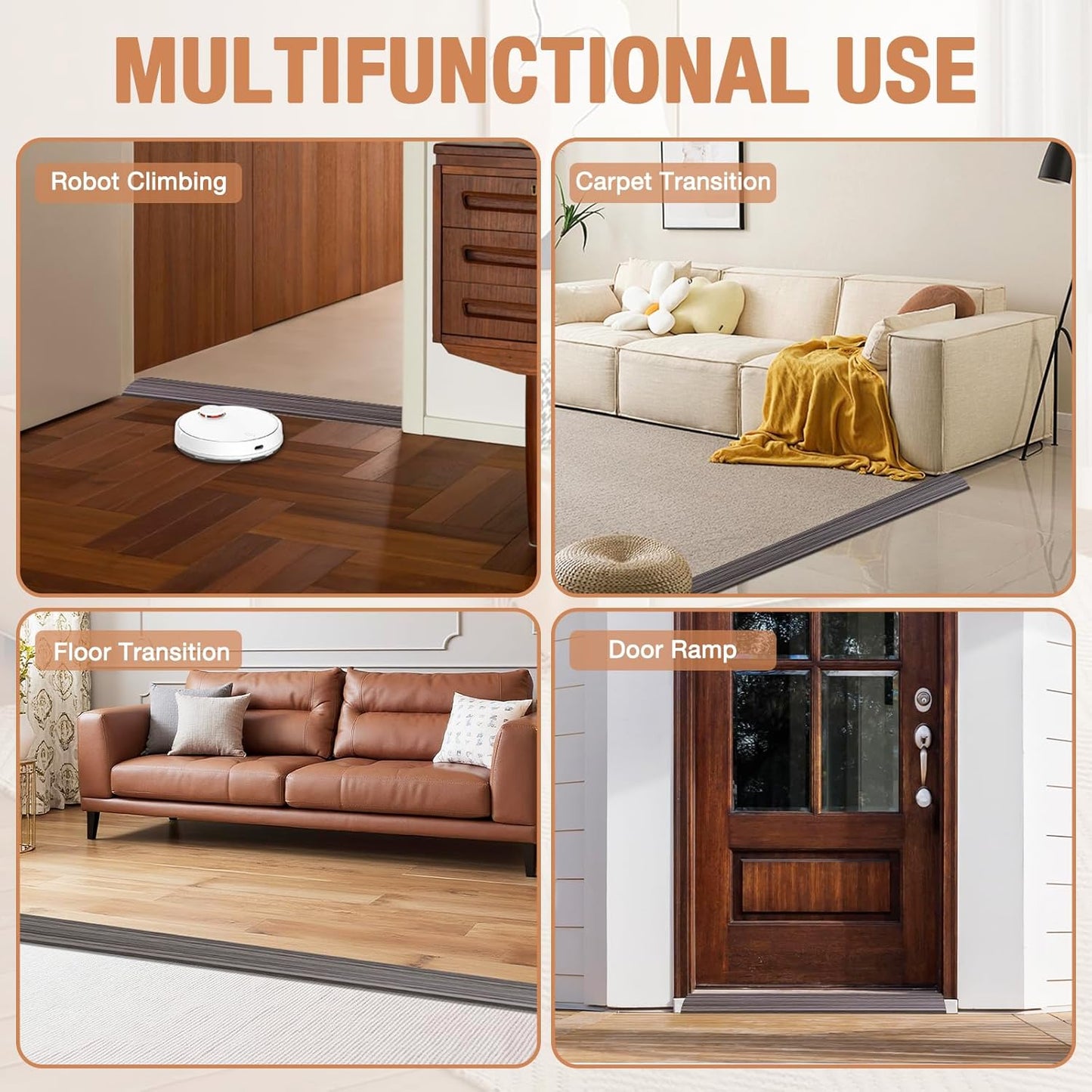 Floor Transition Strip Self Adhesive Vinyl Door Threshold for Doorways Carpet Edging Trim Overlap Edge Reducer for Laminate Floor, Carpet, Tile (Grayish Brown Wood Grain, 2/5" to 3/5", 10Ft)