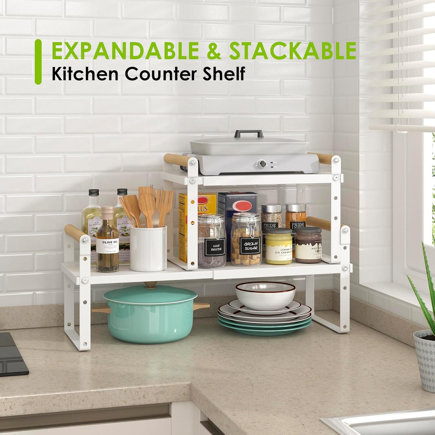 DOLALIKE Expandable kitchen Countertop Organizer, Stackable Cabinet Shelf Organizers, Space Saving Spice Rack Pantry Storage for Bathroom Office Organization (6.9'D*13-19.7''W*15.7''H, White)