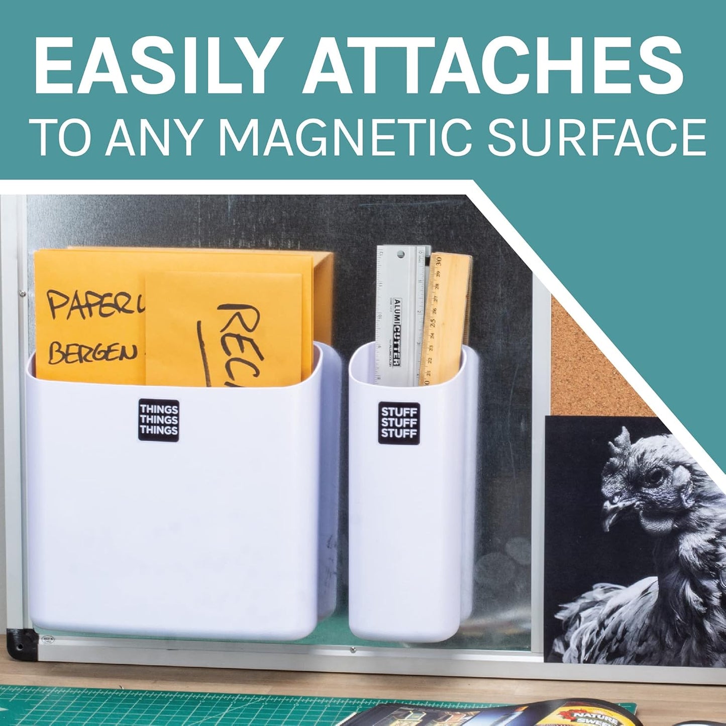 JS Jackson Supplies White Lint Bin with Magnetic Back (Set of 2), Large and Small Space Saving Trash Bins and Organizers for Laundry Room and Kitchen, Wall Mountable