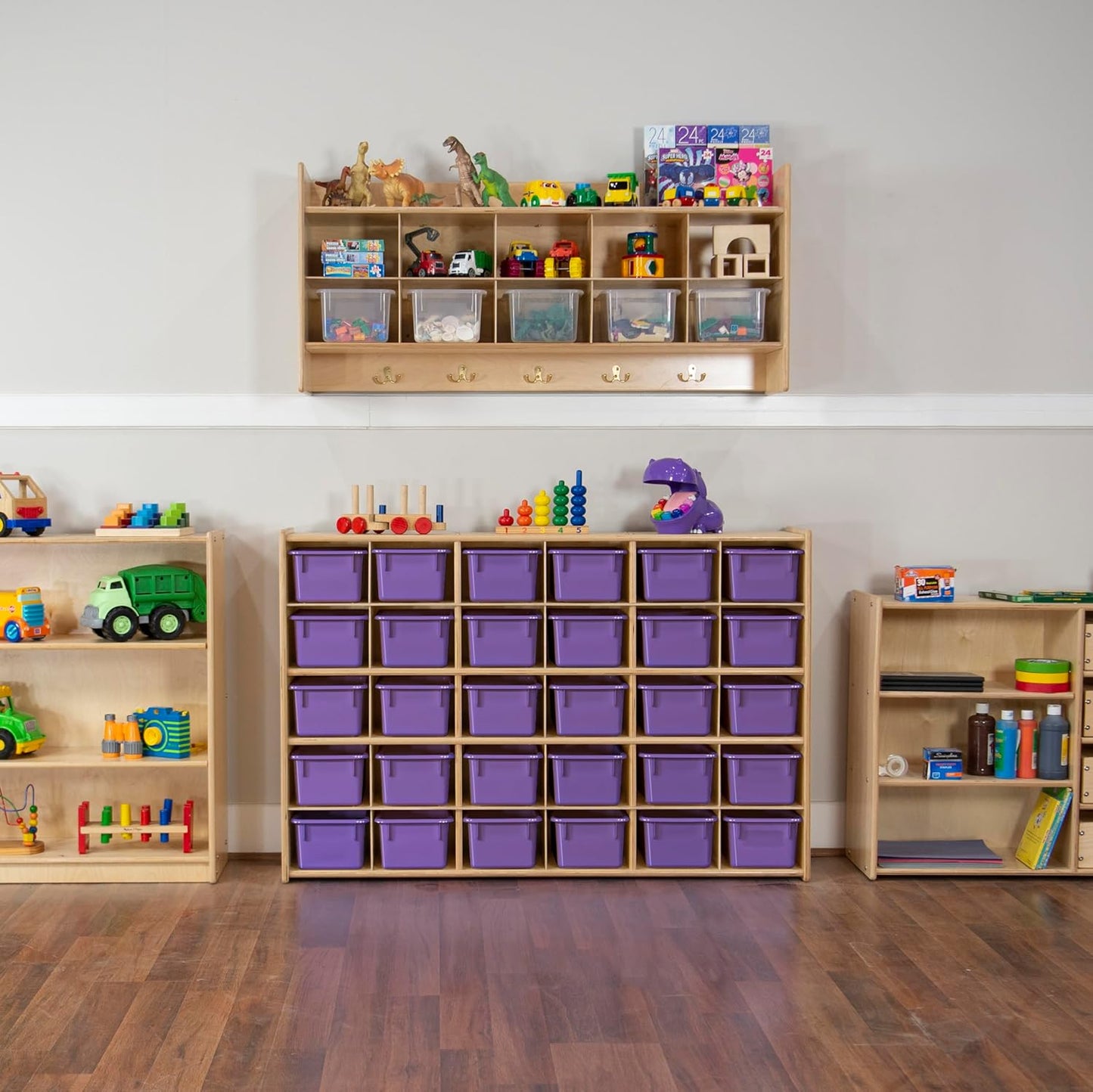 Wood Designs Cubby Storage Bin, Heavy Duty Plastic Containers for Kids Purple Cubby Tray Set of 12