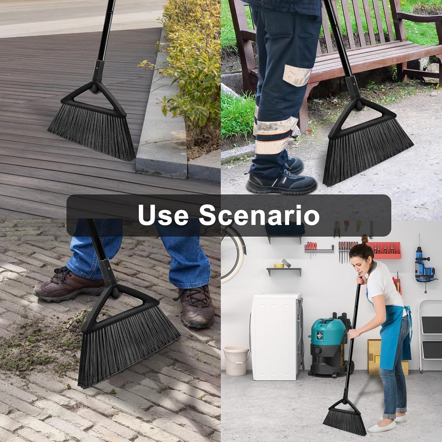 3PCS Heavy Duty Angle Broom, Long Pole Brooms for Indoor, Outdoor Sweeping, Kitchen to Courtyard, Black
