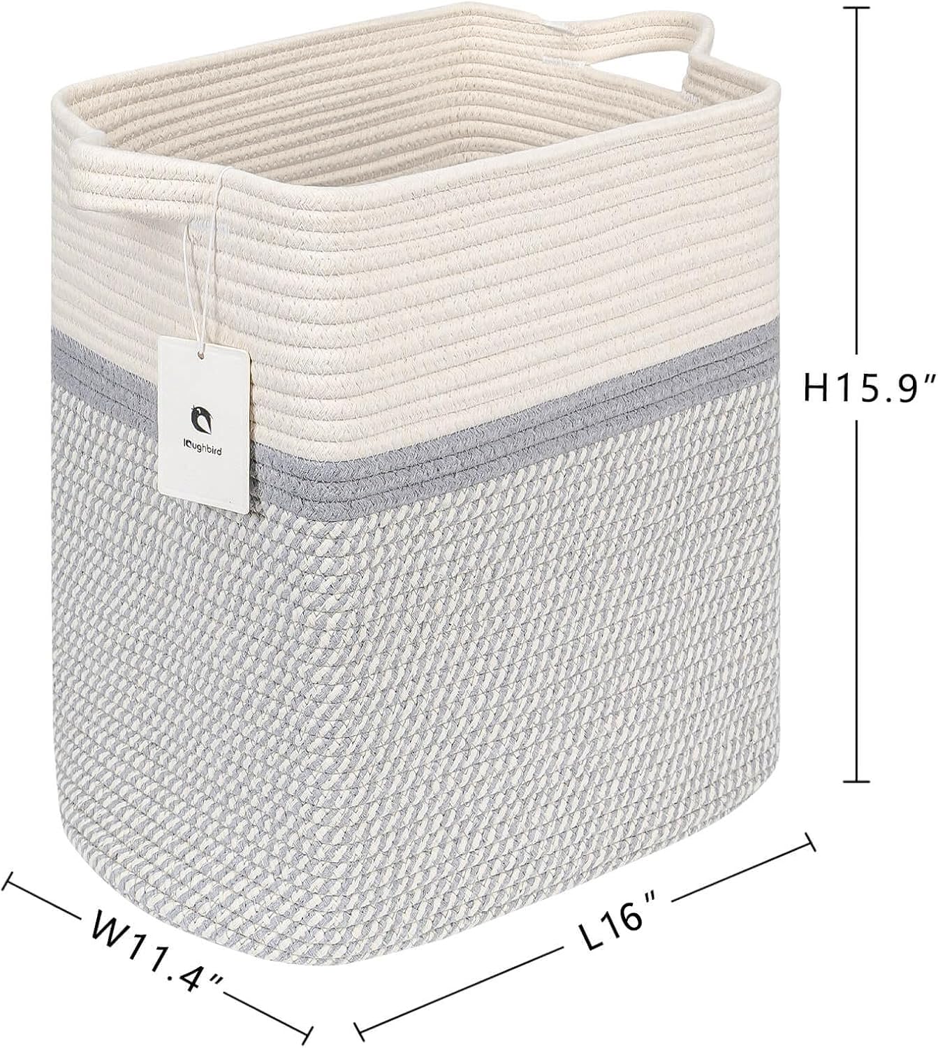 Storage Baskets for Clothes Fabric Cotton Rope Storage Basket with Handles, Decorative Woven Basket for Living Room,Closet Organizer Blankets, and 2bags (White/Gray, L16×W11.4×H15.9)
