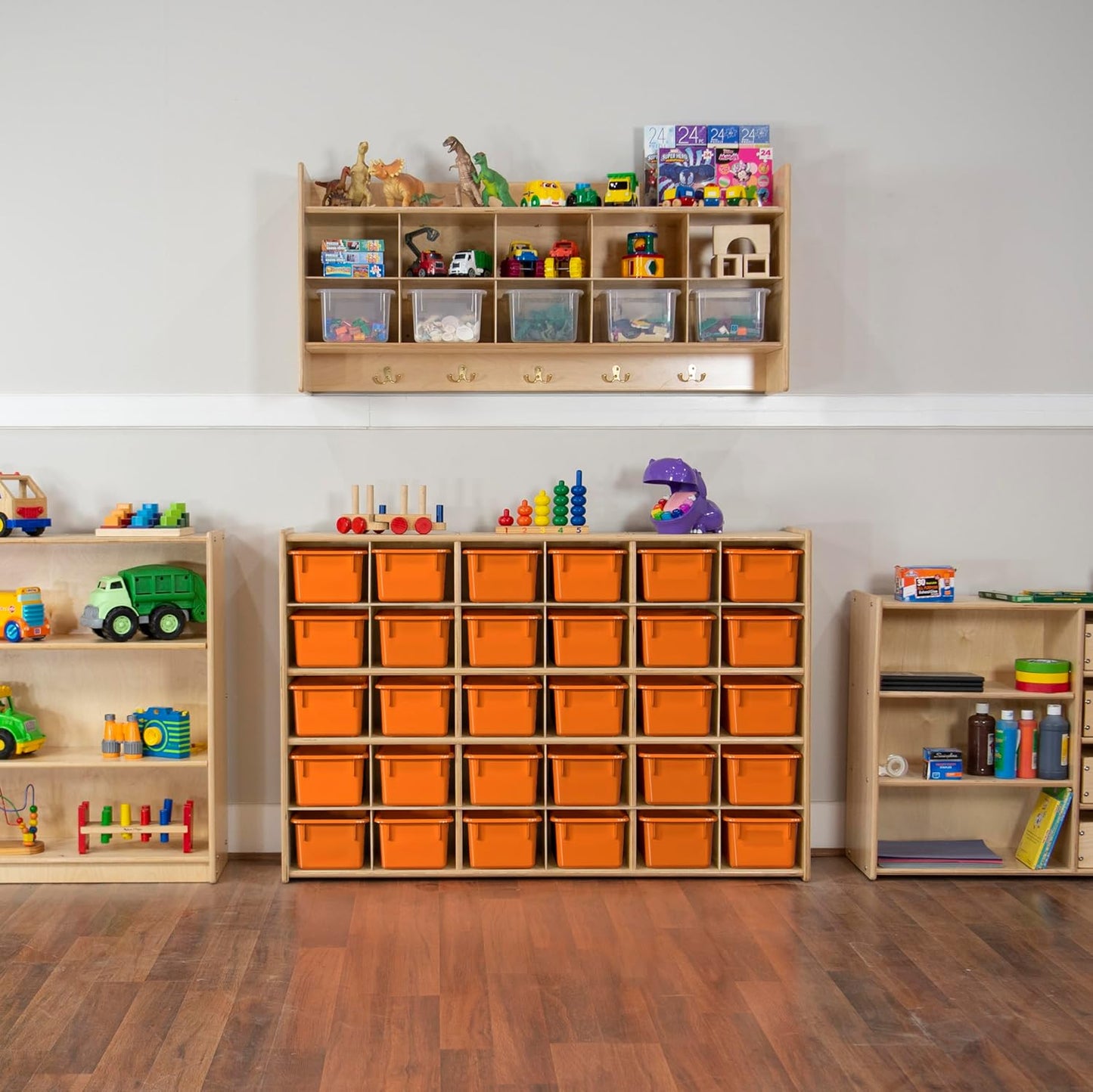 Wood Designs Cubby Storage Bin, Heavy Duty Plastic Containers for Kids Orange Cubby Tray Set of 10