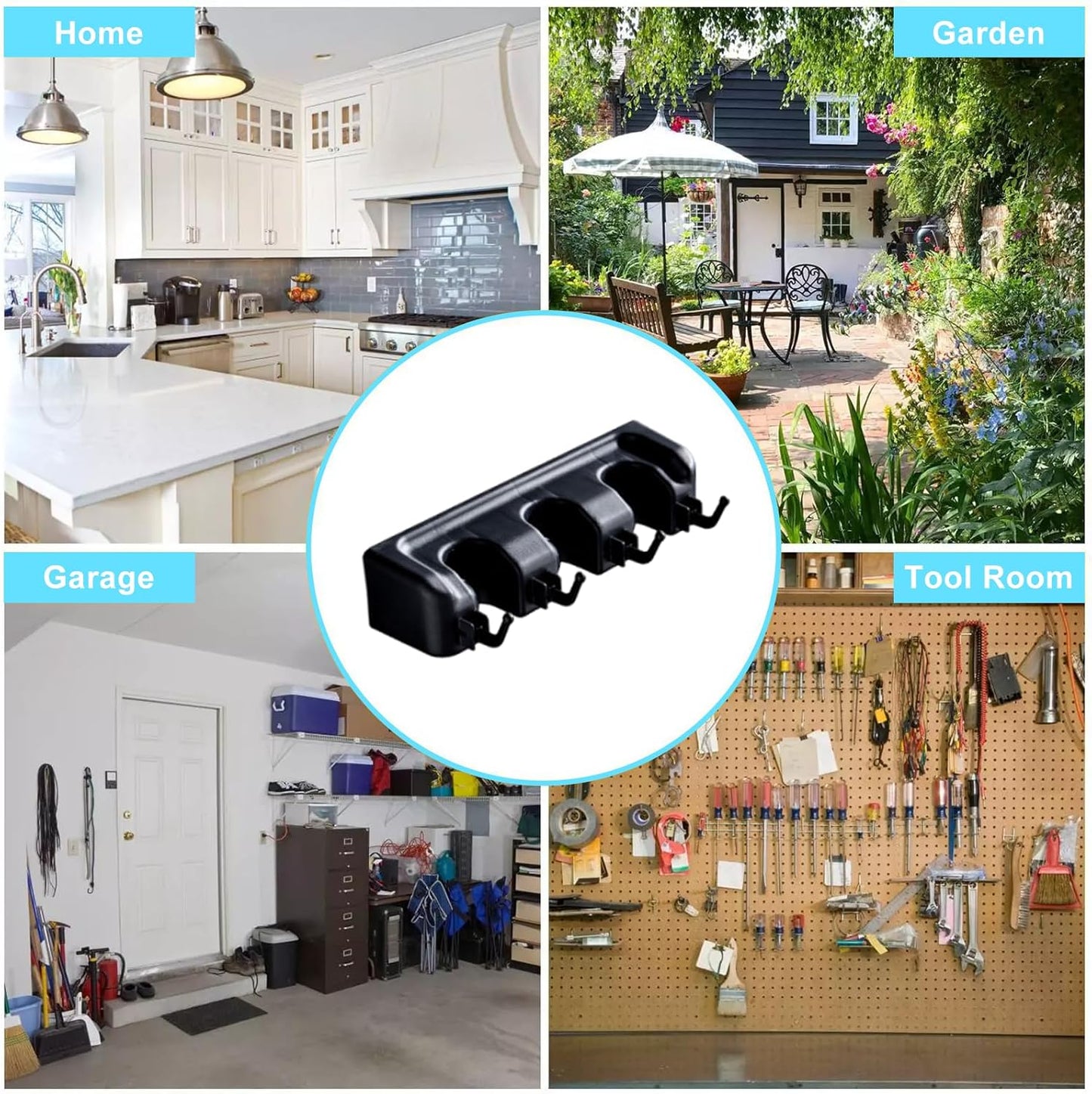 Broom and Mop Holder Wall Mount, Hooks Hanger for Mops and Broom, Organizer Kit with 3 Slots and 4 Hooks, Perfect for House, Bathroom, Laundry, Garden, Tool Room, Garage, Wall Mounted, Black