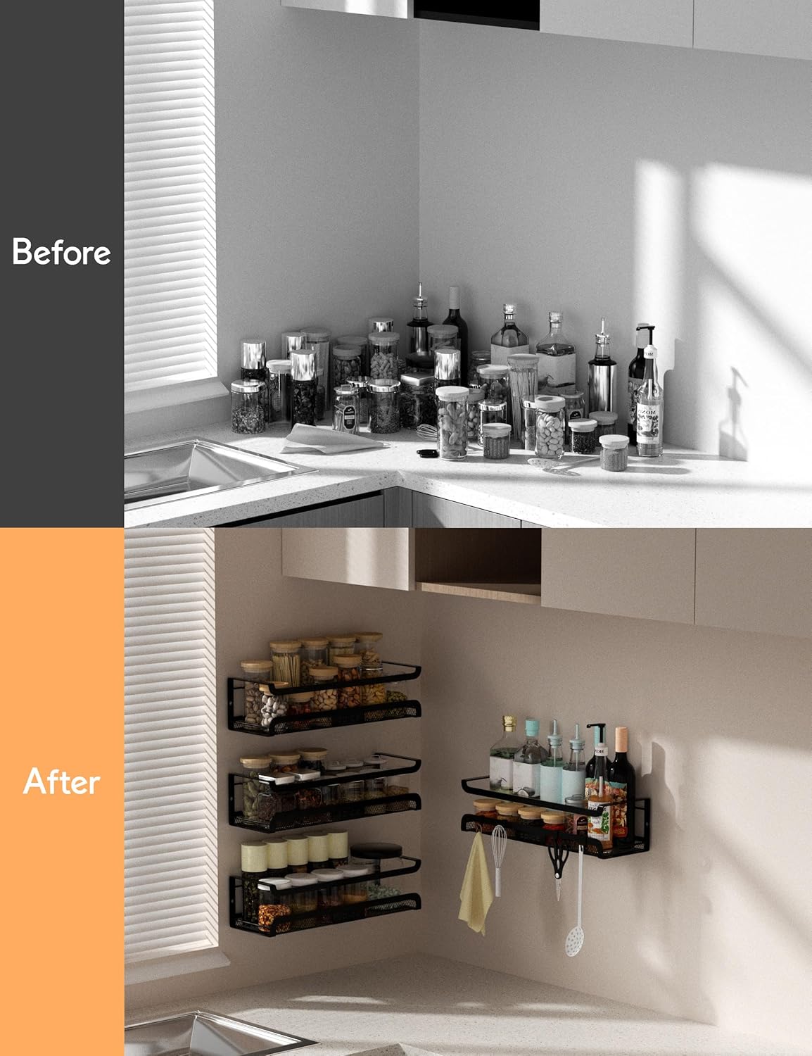 Spice Rack Wall Mount with Hooks - Spice Racks Organizer for Cabinet Storage, Wall Mounted Hanging Shelf Seasoning Organizer, for Kitchen, Pantry Door, Bathroom (Black, 1 Pack)