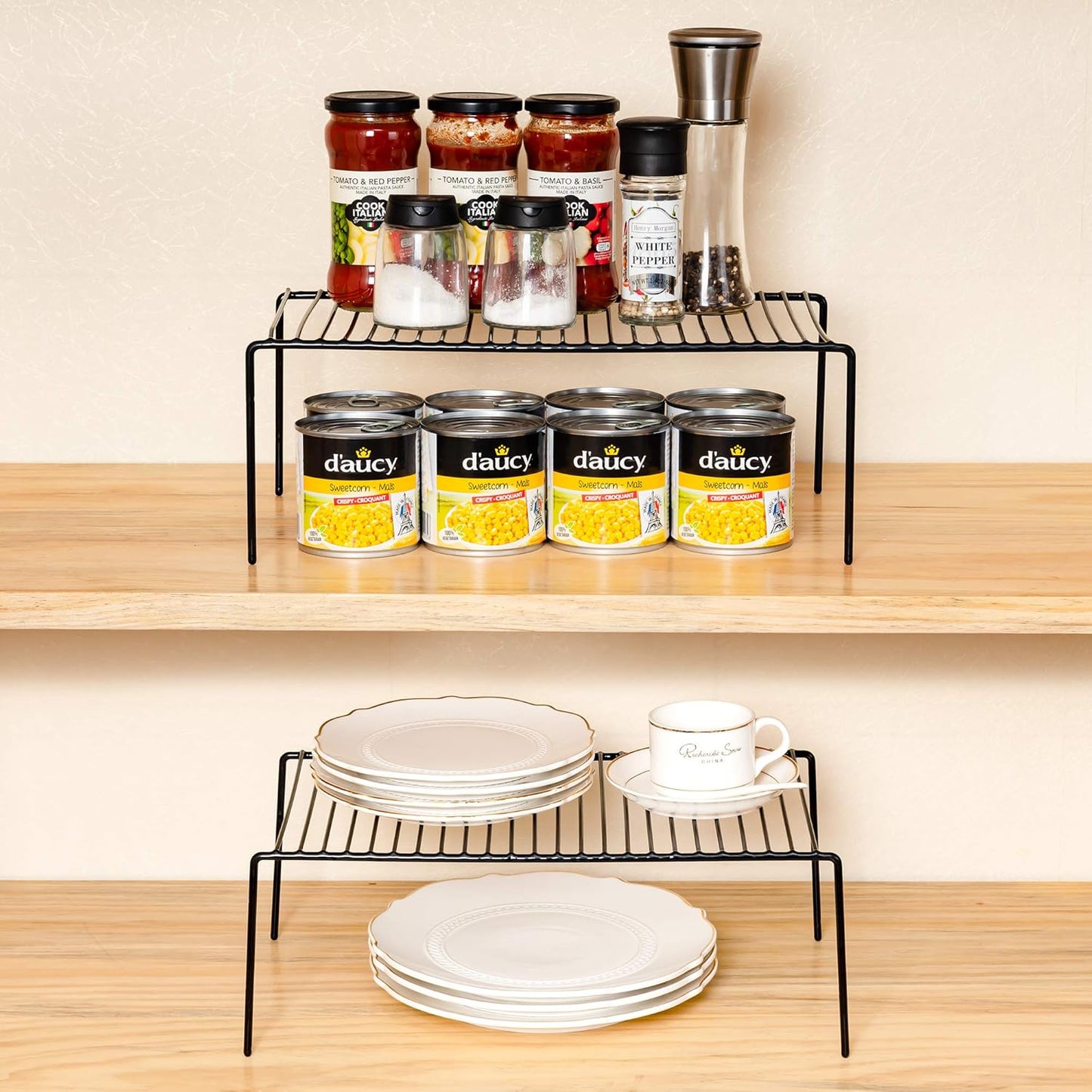 iPEGTOP 4-Pack 15.7 x 9.4 Inch Rustproof Metal Wire Kitchen Storage Shelves – Organizer for Freezer, Fridge, Pantry & Countertop – Spice, Utensils Rack – Black