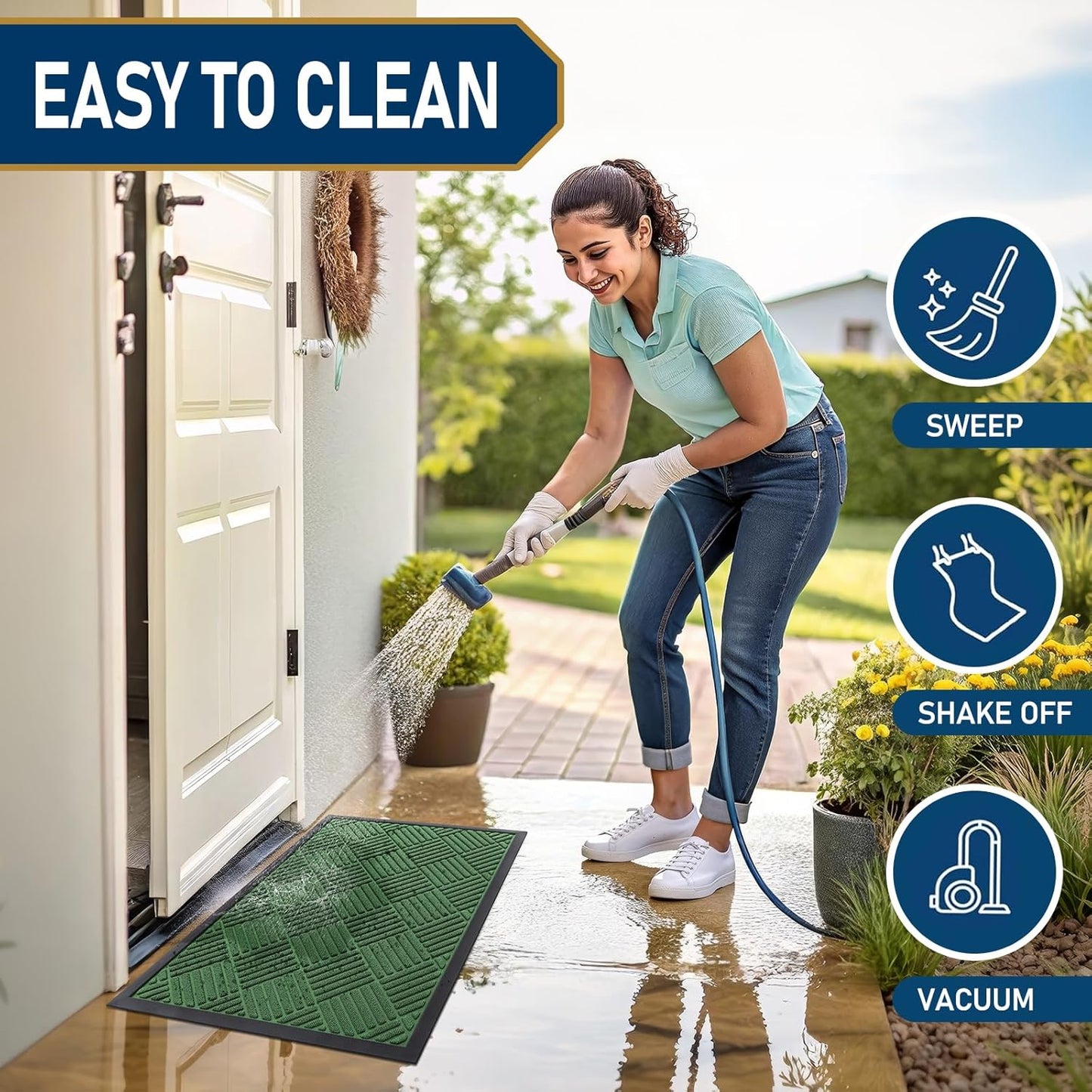 Smiry Front Door Mat Outside Entrance, Heavy Duty Outdoor Indoor Natural Rubber Doormat, Non Slip, Trap Dirt and Moisture, Easy Clean, Low Profile Patio Porch Entryway Mat, 29.5x17, Green