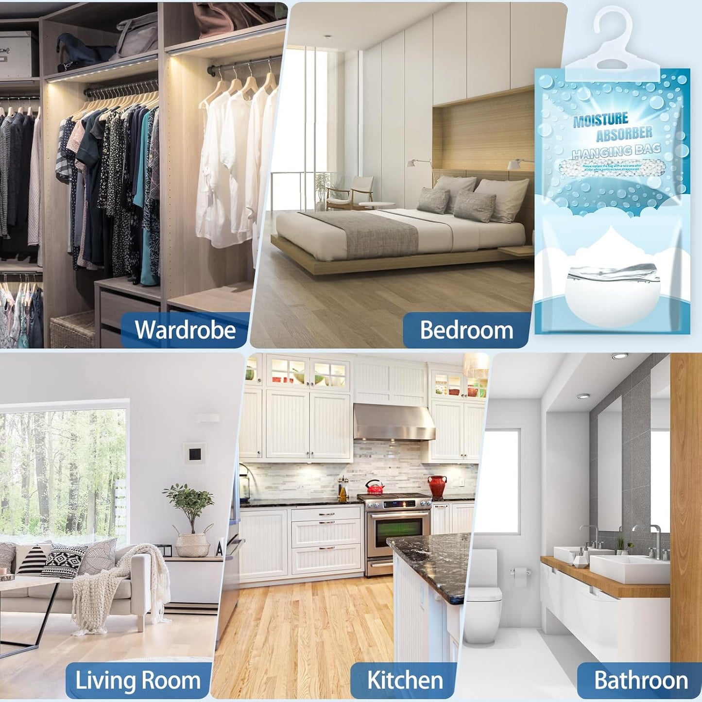 5 Pack Hanging Moisture Absorbers - Fagrance Free Dehumidifier Bags, 8.11 OZ, Removes Moisture & Odors, Humidity Absorber Packs for Closet Bedroom Kitchen
