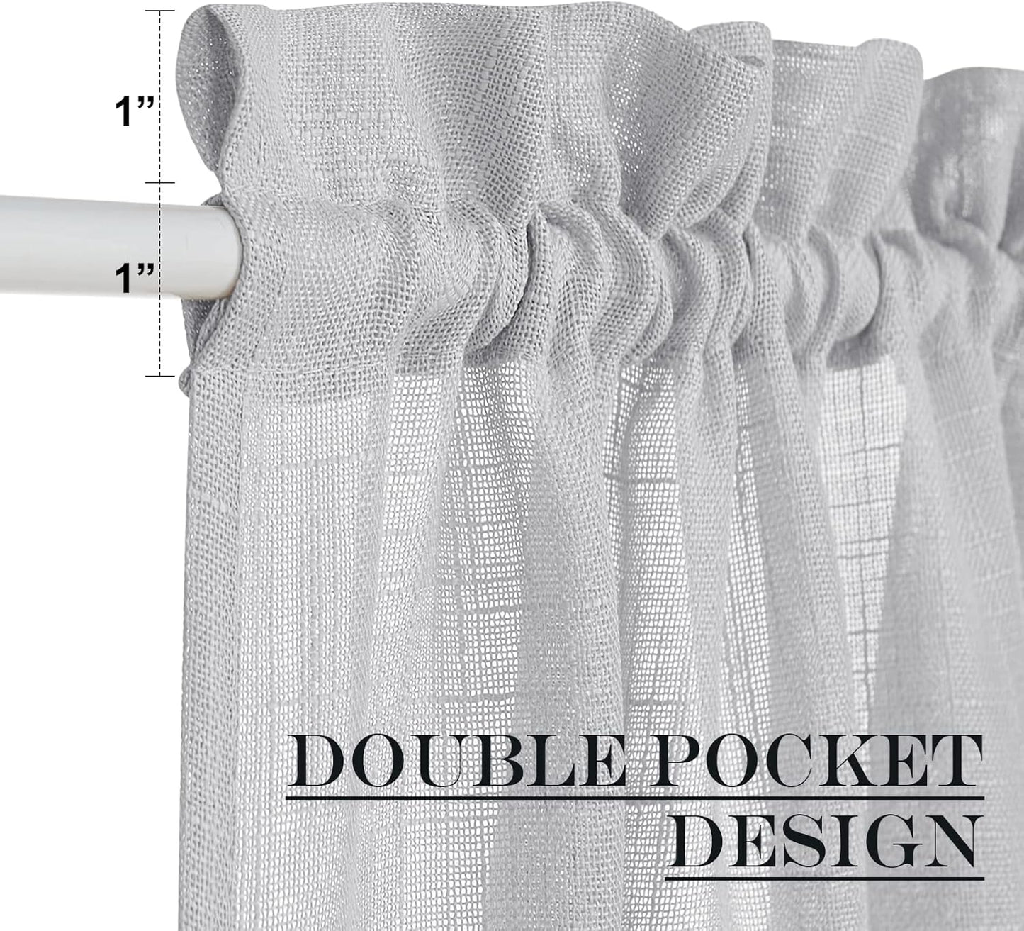 NICETOWN Linen Door Curtains 40 Inches Long, Dual Rod Pocket Semi Sheer Sidelight French Door Curtains for Kitchen Glass with Tieback for Privacy Protection, W26 x L40, 1 Panel, Light Grey