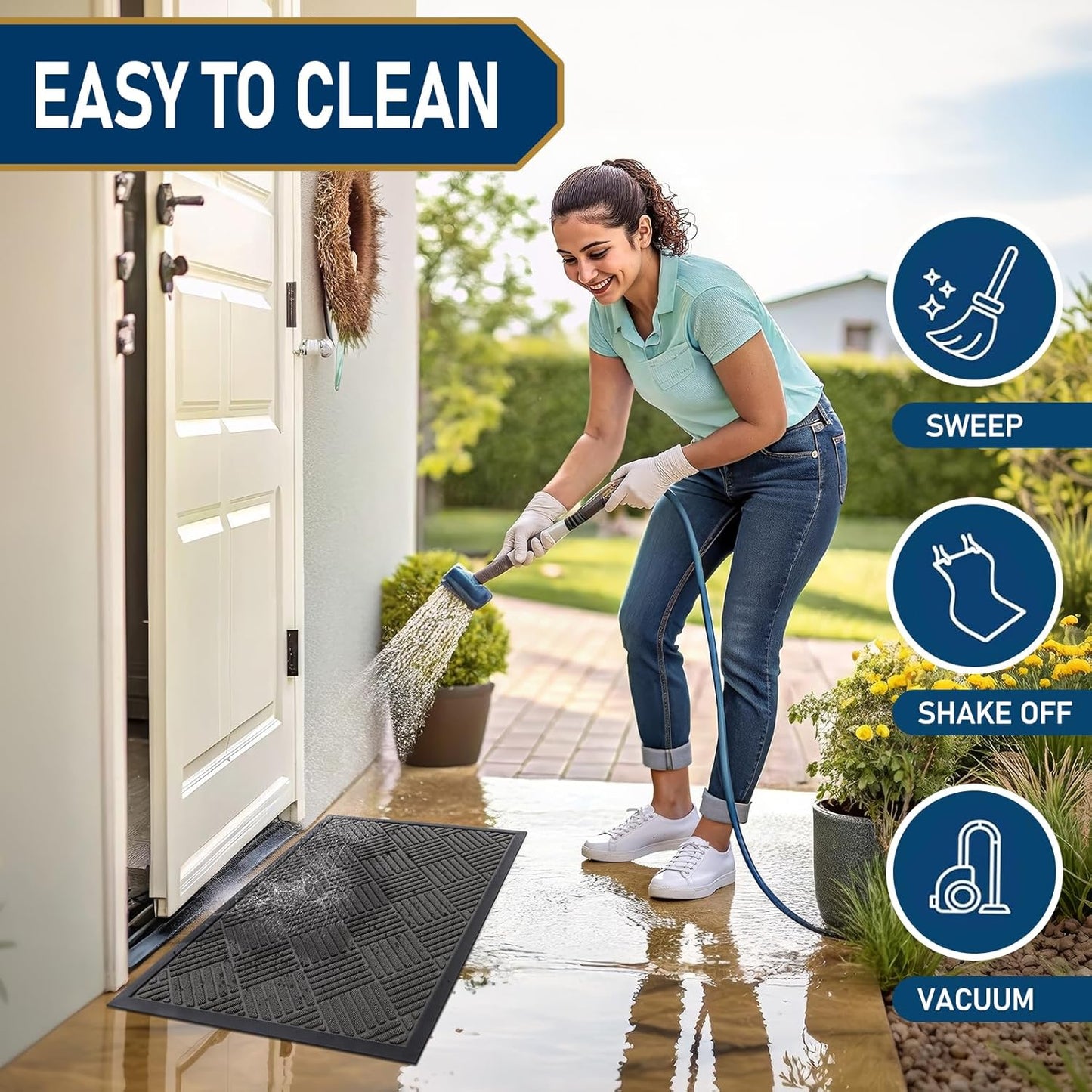 Smiry Front Door Mat Outside Entrance, Heavy Duty Outdoor Indoor Natural Rubber Doormat, Non Slip, Trap Dirt and Moisture, Easy Clean, Low Profile Patio Porch Entryway Mat, 47x17, Grey