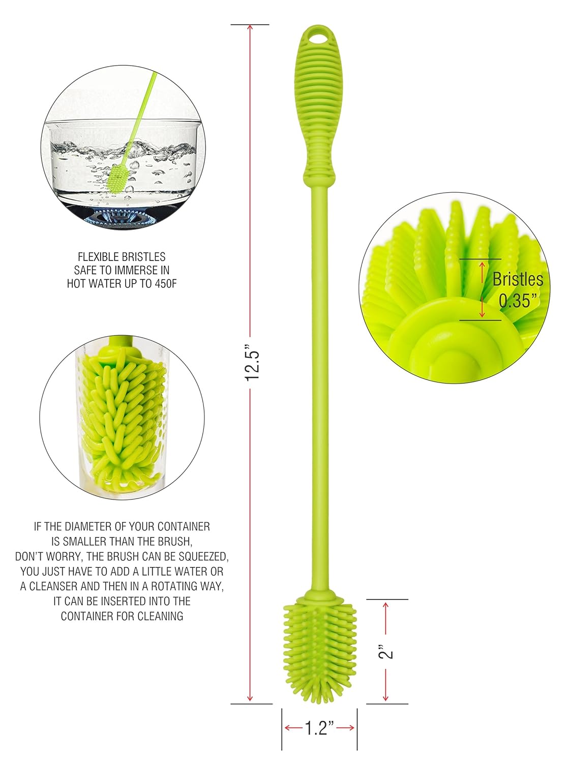 A-Brush Silicone Bottle Cleaner Brush, Flexible, Long Handle - Water Bottle Cleaner, Baby Bottle Nipple Brush for Plastic & Glass, BPA-Free Dish Washing Brush A2S Protection