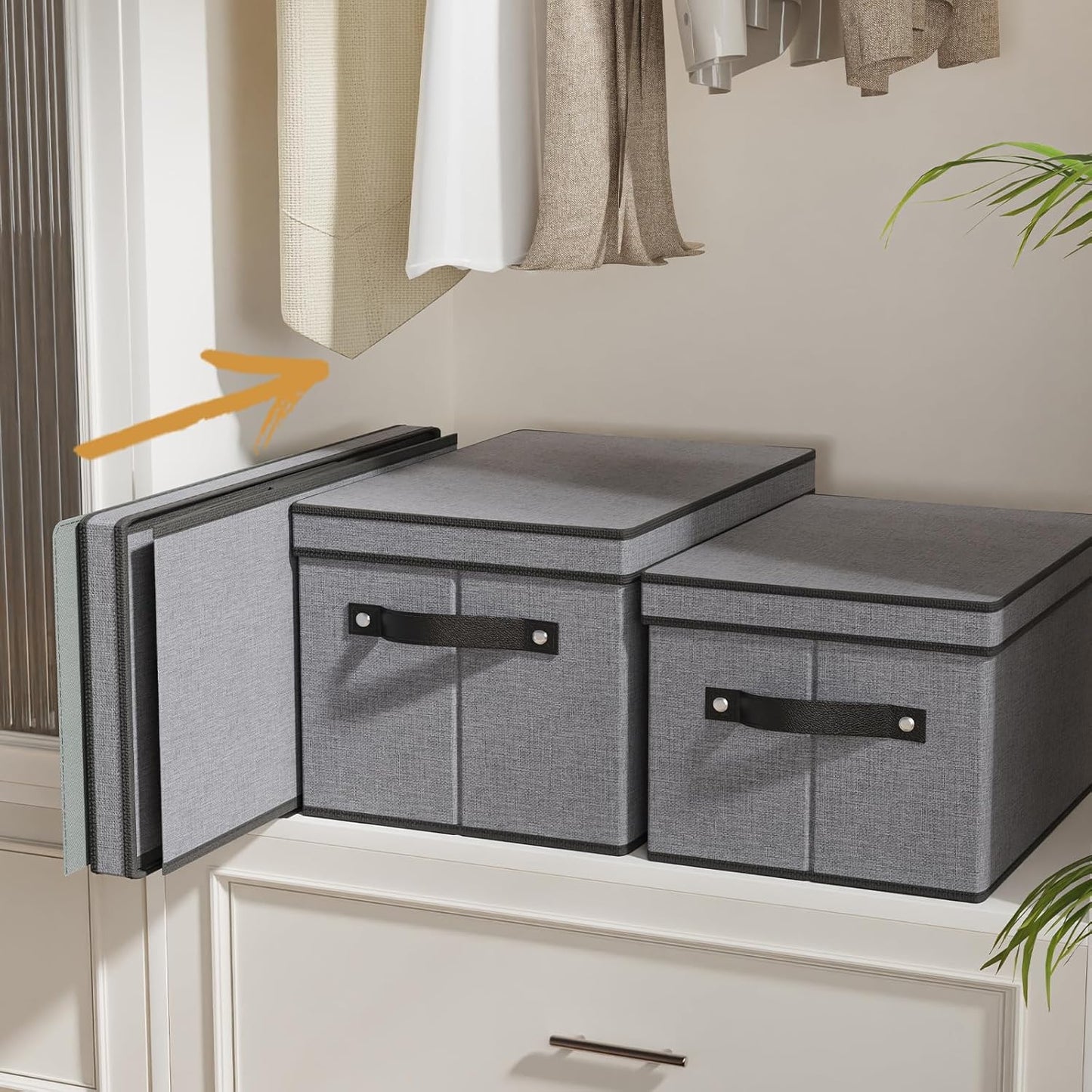 Storage Boxes, 15 x 9.8 x 8.3 Inch Baskets for Organizing with Lids, Fabric Bins with Handles, Decorative Linen Closet Organizers, Gray, 1 Pack