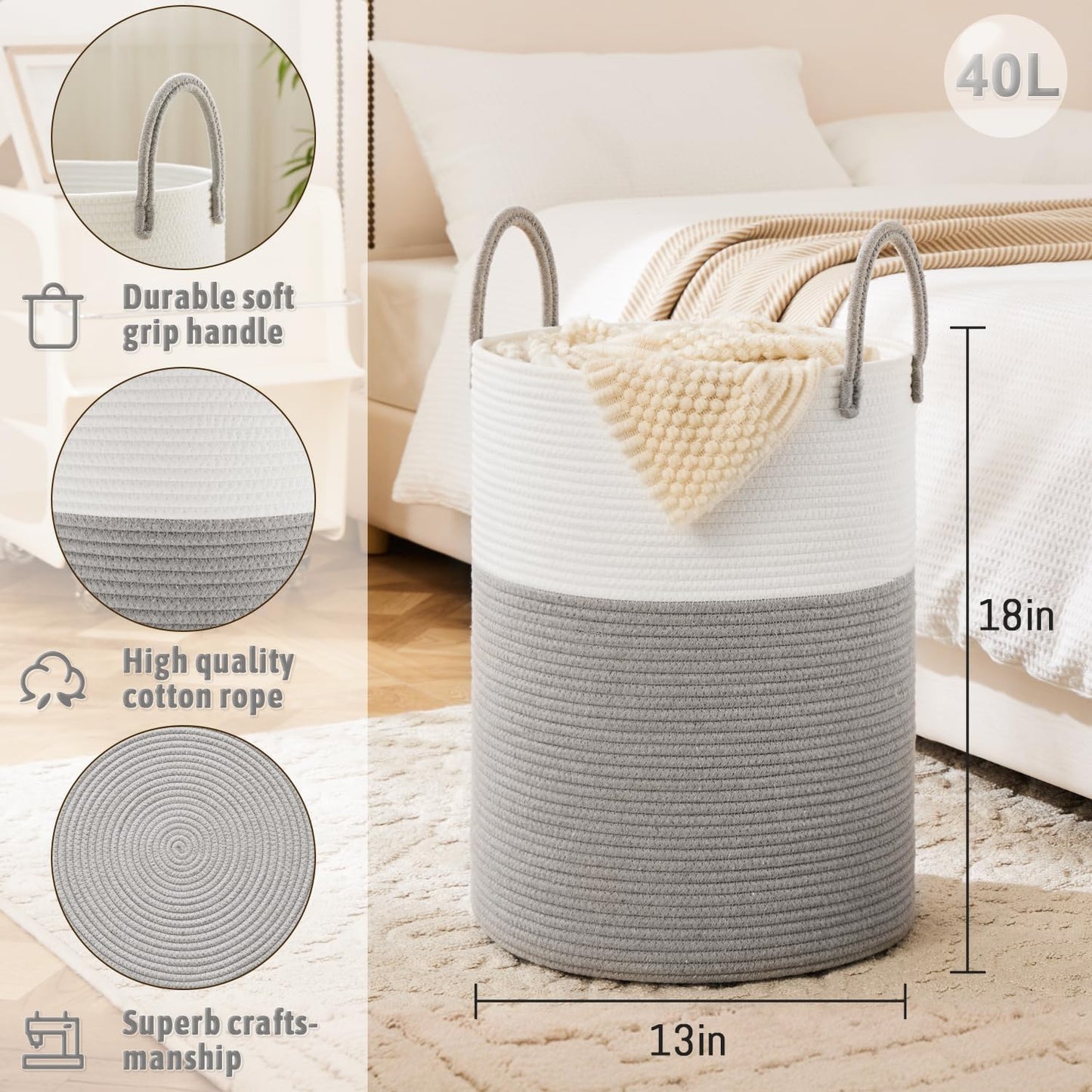 Laundry Basket,Woven Cotton Rope Laundry Hamper,40L for Decorative Storage of Dirty Clothes,Toys and Blankets in Bathroom,Baby Room and Living Room