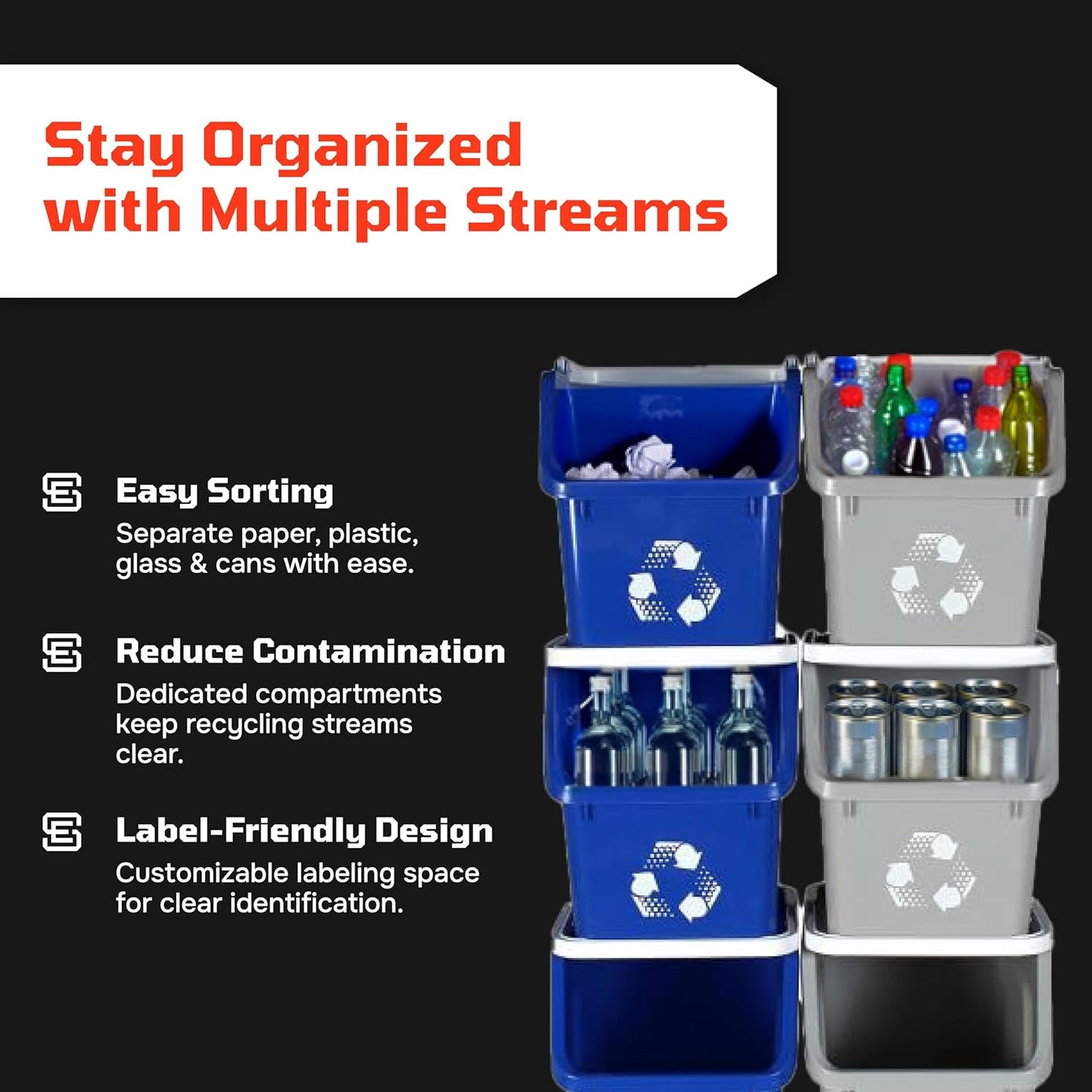 Multi Bin Recycling System with Six Stackable 6 Gallon Recycle Bins to Build Your Recycling Center for Offices, Kitchen, Garages, Businesses - (6 Pack, Blue/Grey)