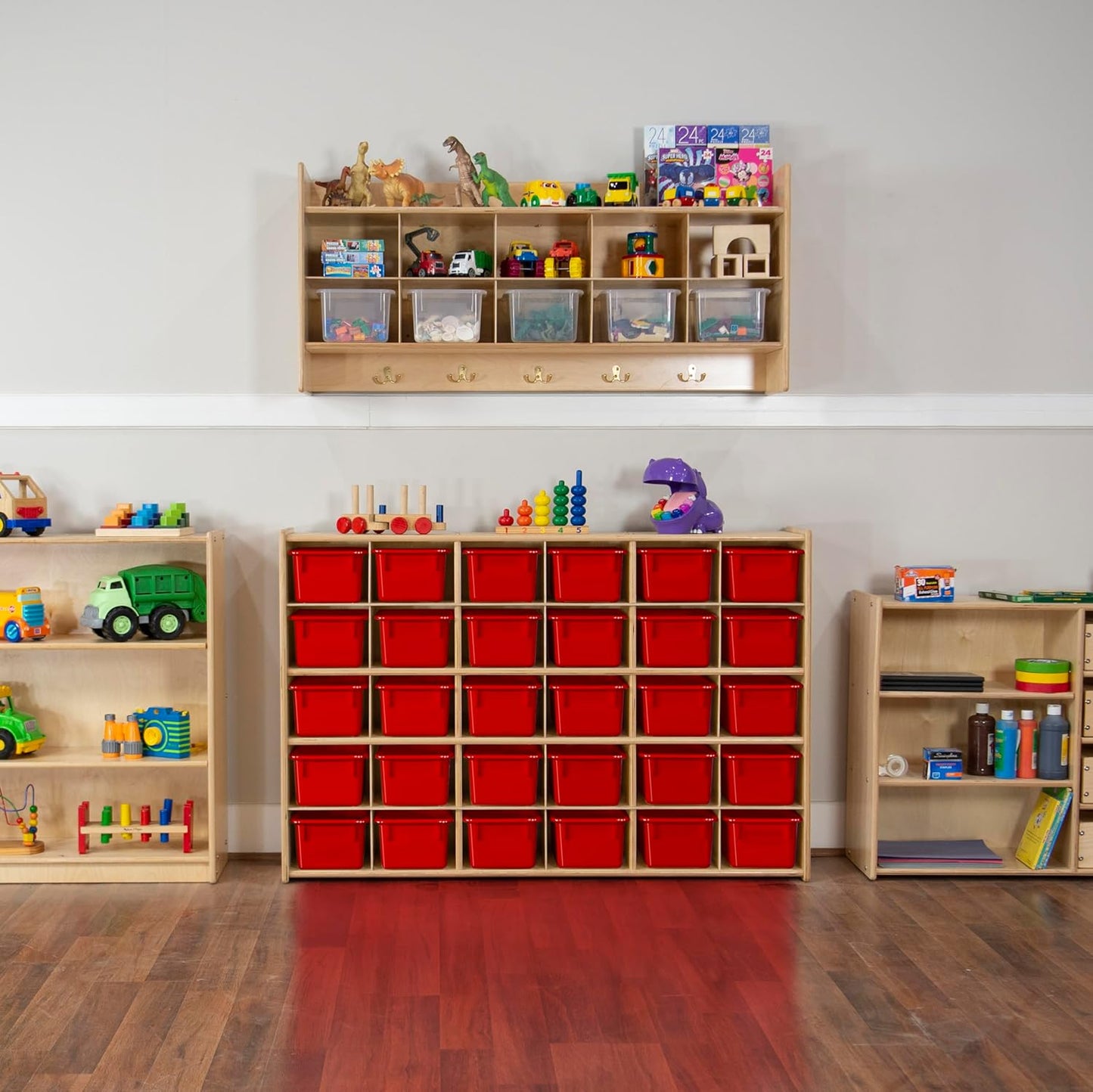 Wood Designs Cubby Storage Bin, Heavy Duty Plastic Containers for Kids Red Cubby Tray Set of 12