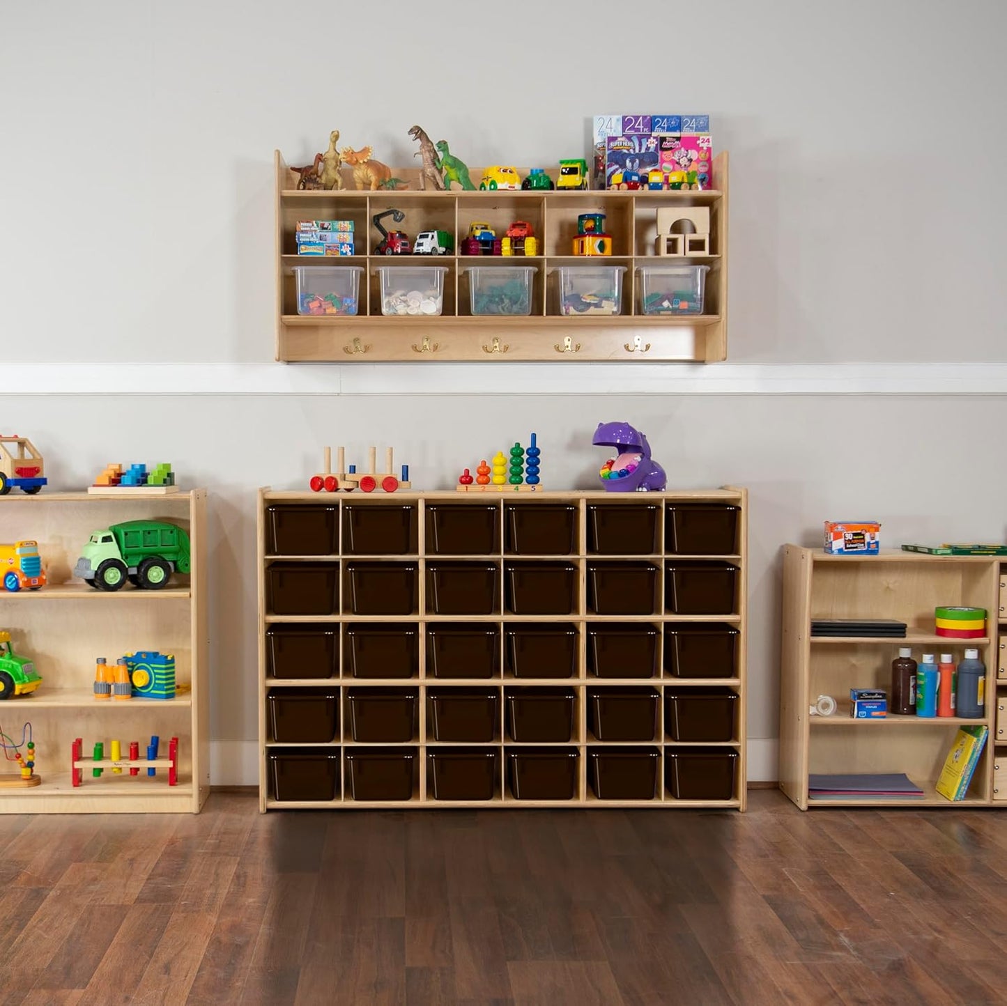Wood Designs Cubby Storage Bin, Heavy Duty Plastic Containers for Kids Brown Cubby Tray Set of 30
