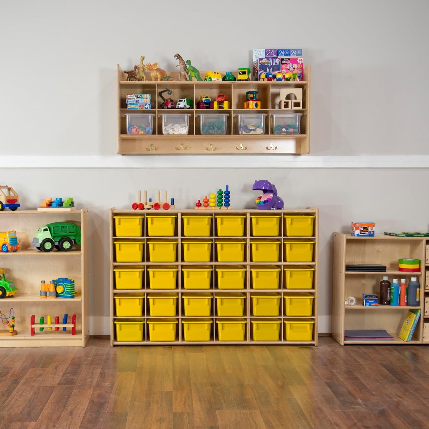 Wood Designs Cubby Storage Bin, Heavy Duty Plastic Containers for Kids Yellow Cubby Tray Set of 25