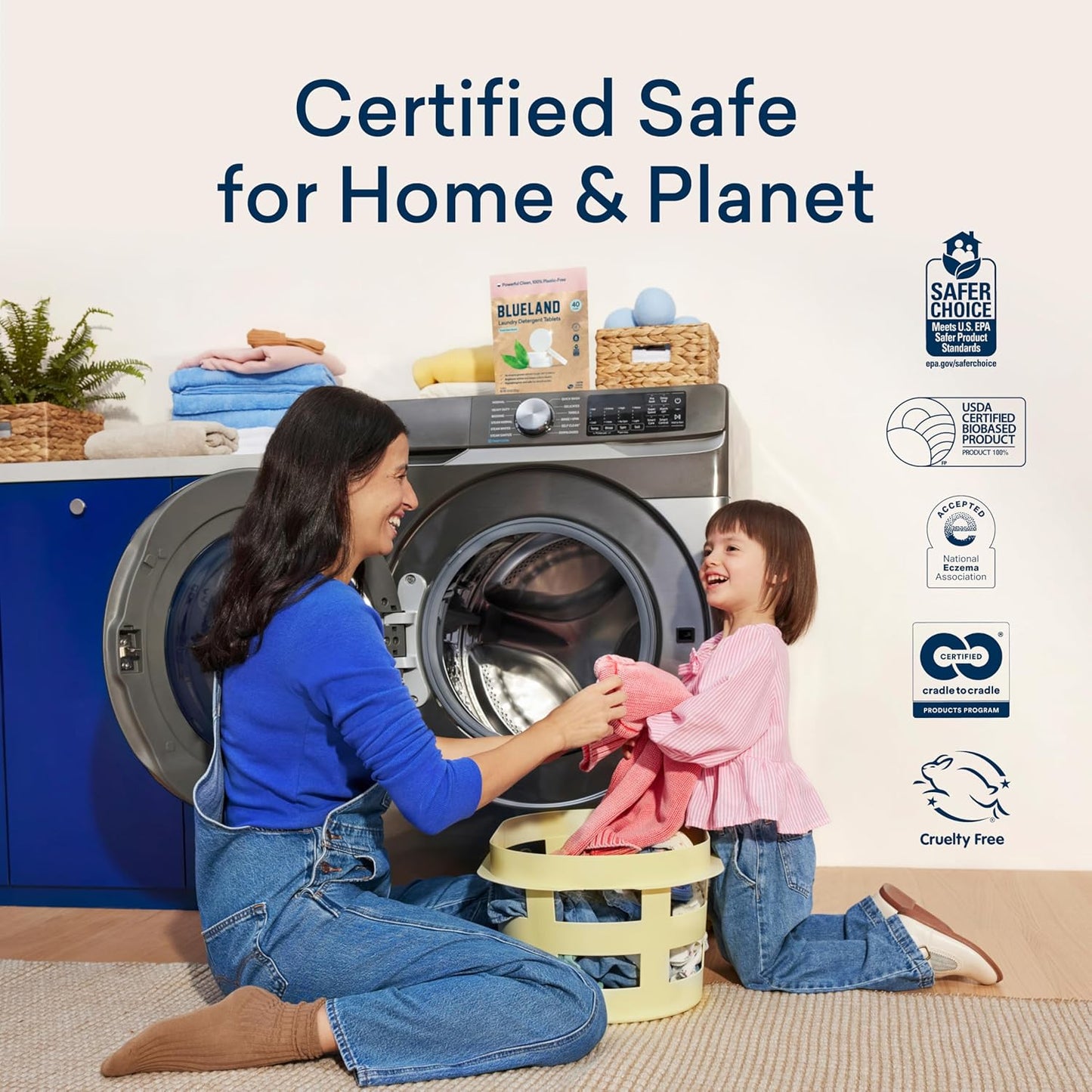 BLUELAND Laundry Detergent Tablets, Starter Set, 60 Count with Tin, Plastic-Free Eco-Friendly Pods, Sheets, Liquid Alternative - Fragrance Free and Clear, Natural, Gentle