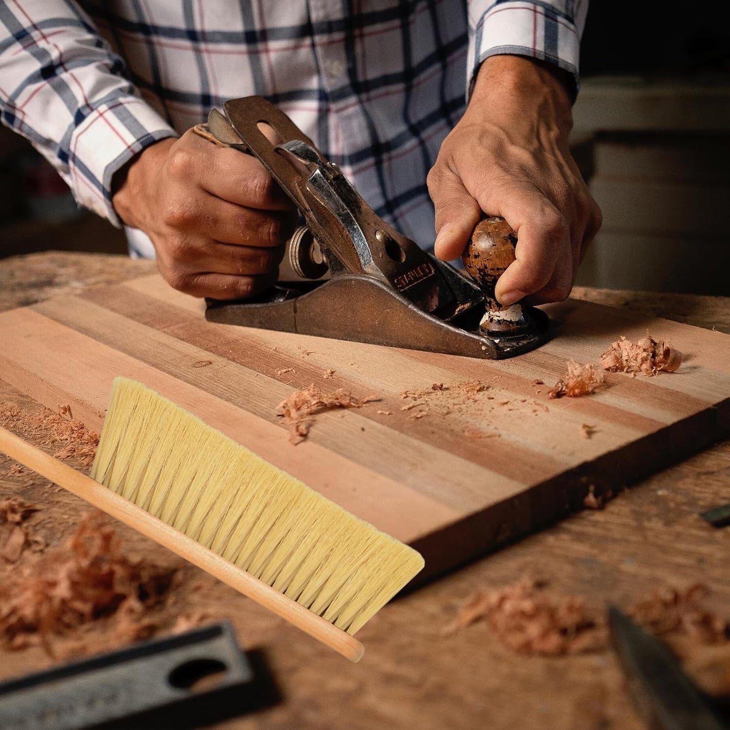 2 Pieces Woooden Dust Brush Hand Broom Bench Brush with Long Wood Handle Whisk Broom Soft Bristle Brush for Counter Bed Sofa Car Fireplace Clothes Household Cleaning(Khaki)