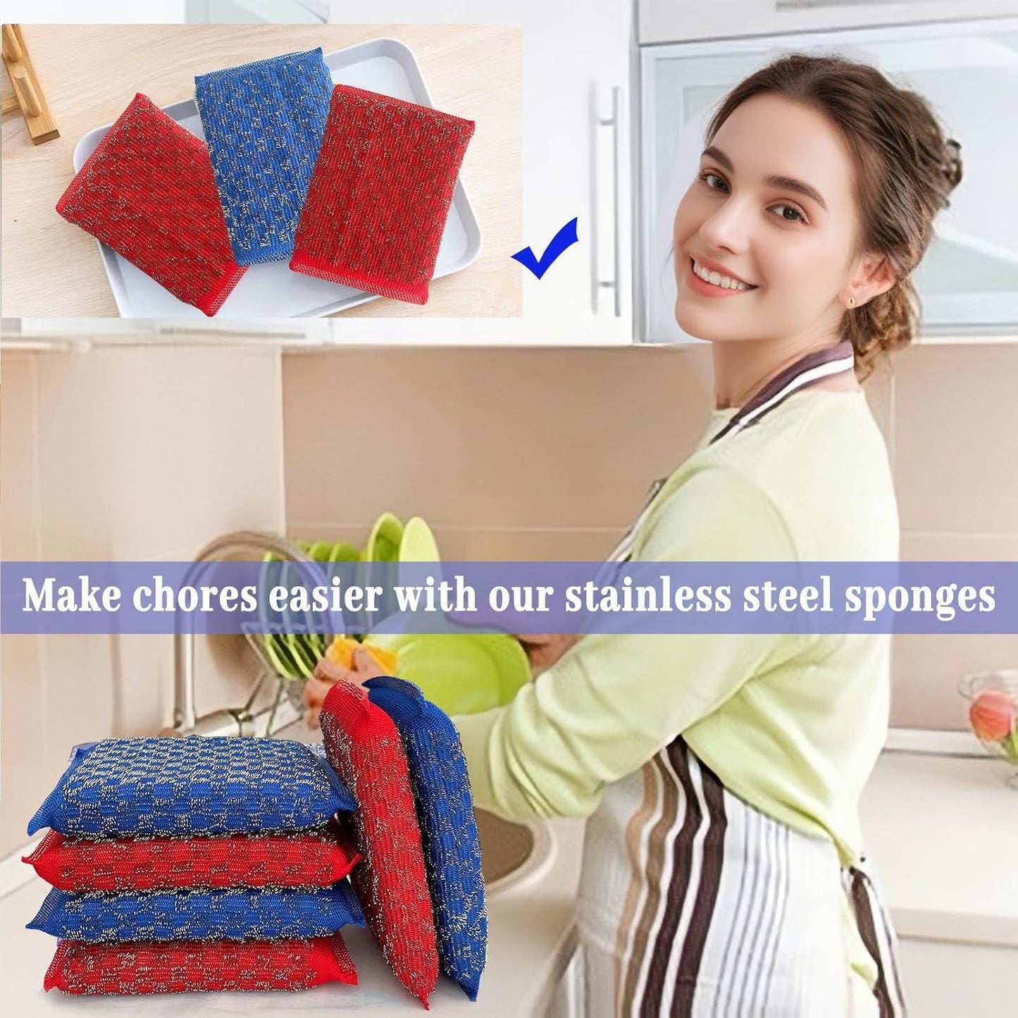 Steel Wool Scrubbers Dish Kitchen Sponges Heavy-Duty Kitchen Steel Scrub Sponges,Multi-Functional Stubborn Stain Fast Cleaning Scrubber(6 Pack)
