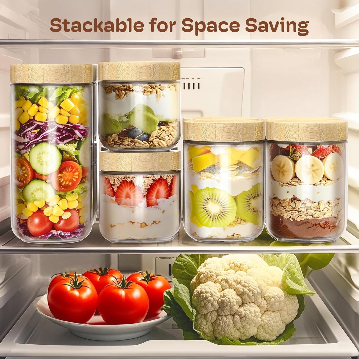 6 pack 24oz Overnight Oats Containers with Bamboo Lids, Glass Jars with Airtight Lids for Meal Prep, Wide Mouth Mason Salad Jars, Glass Food Storage Container for Yogurt Chia Snacks Spice Sugar