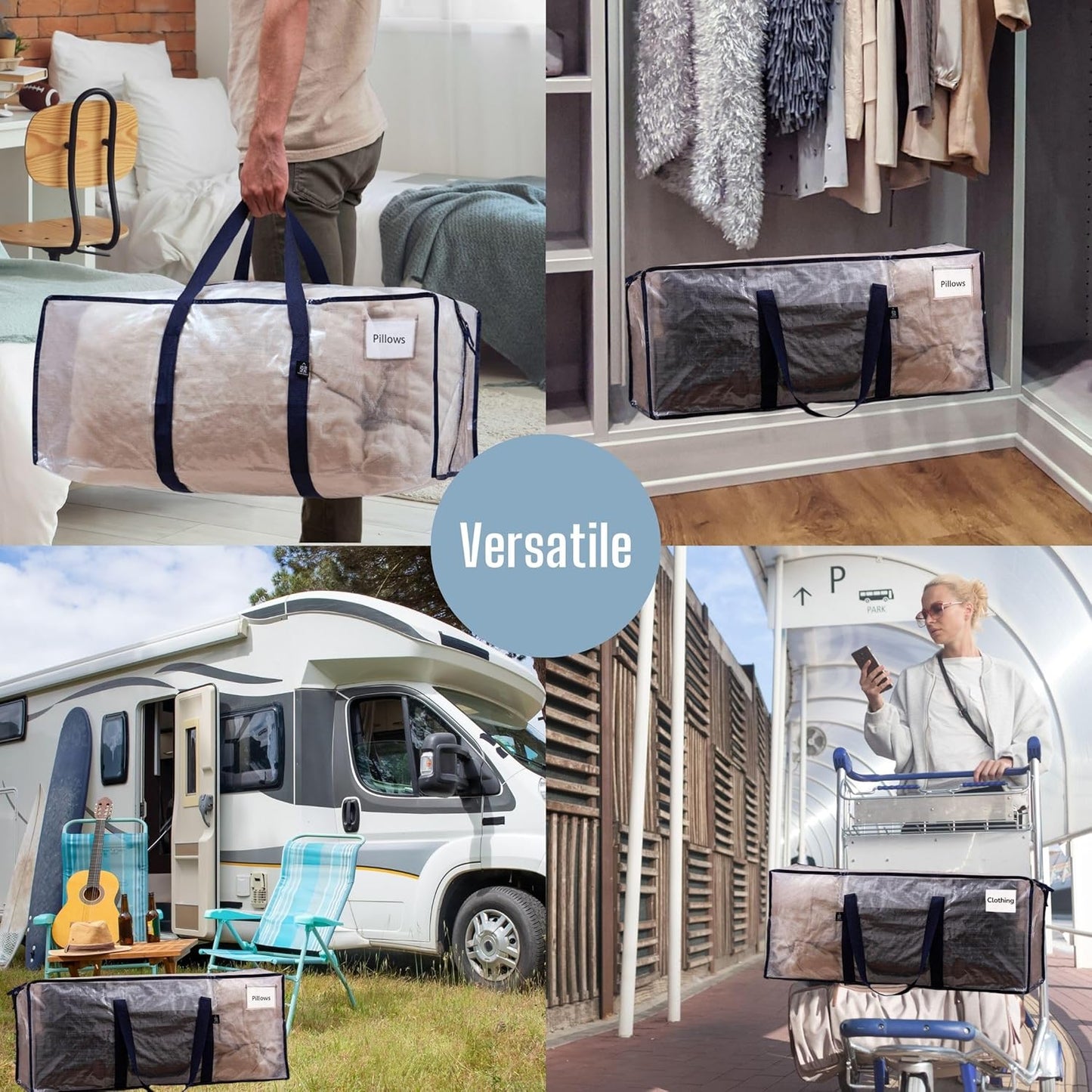 VENO 4 Pack Moving Bags Plastic Storage Totes Clothes Organization Large W Lid/Zipper. Packing Boxes/Bins Alternative. Space Saving Foldable College Supplies Essentials (Clear, 4 Pack)