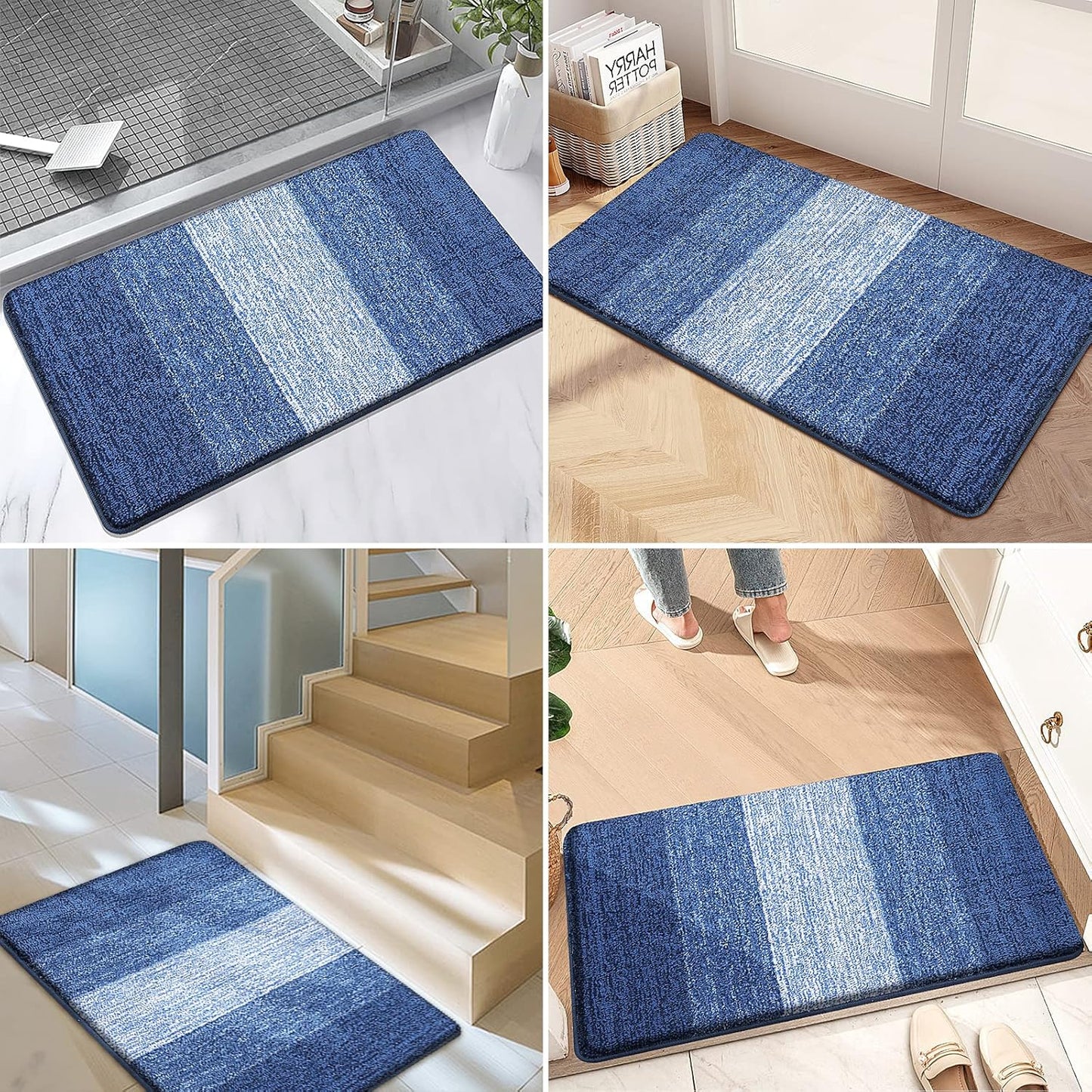 Kitinjoy Indoor Outdoor Door Mat, 40x32 Non-Slip Absorbent Dirt Trapper, Low-Profile Washable Inside Entrance Front Floor Mat, Sturdy Soft Entry Doormats for Entryway, Navy Blue