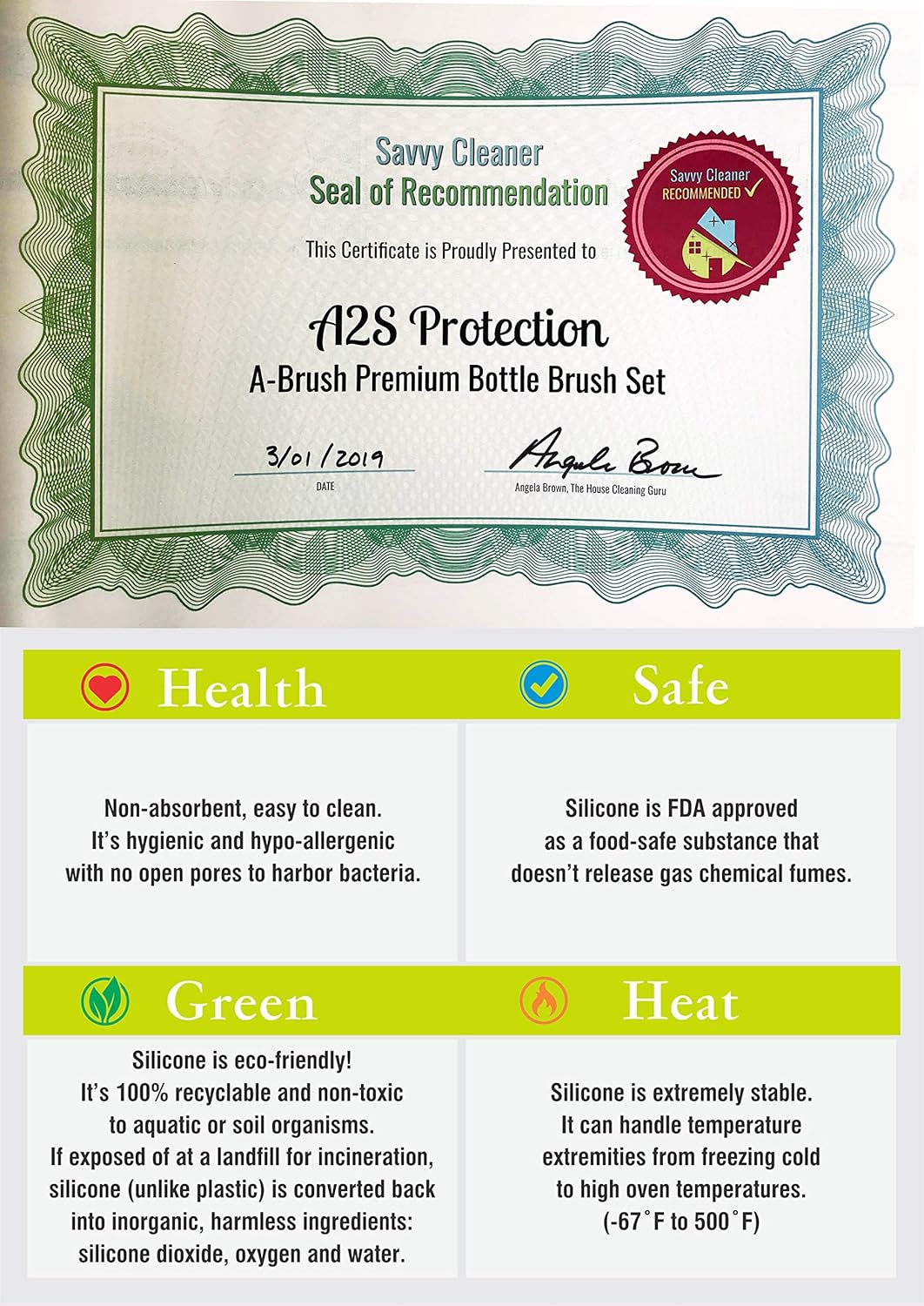 A-Brush Silicone Bottle Cleaner Brush, 2 Piece Set, Flexible, Long Handle - Water Bottle Cleaner, Baby Bottle Nipple Brush for Plastic & Glass, BPA-Free Dish Washing Brush A2S Protection