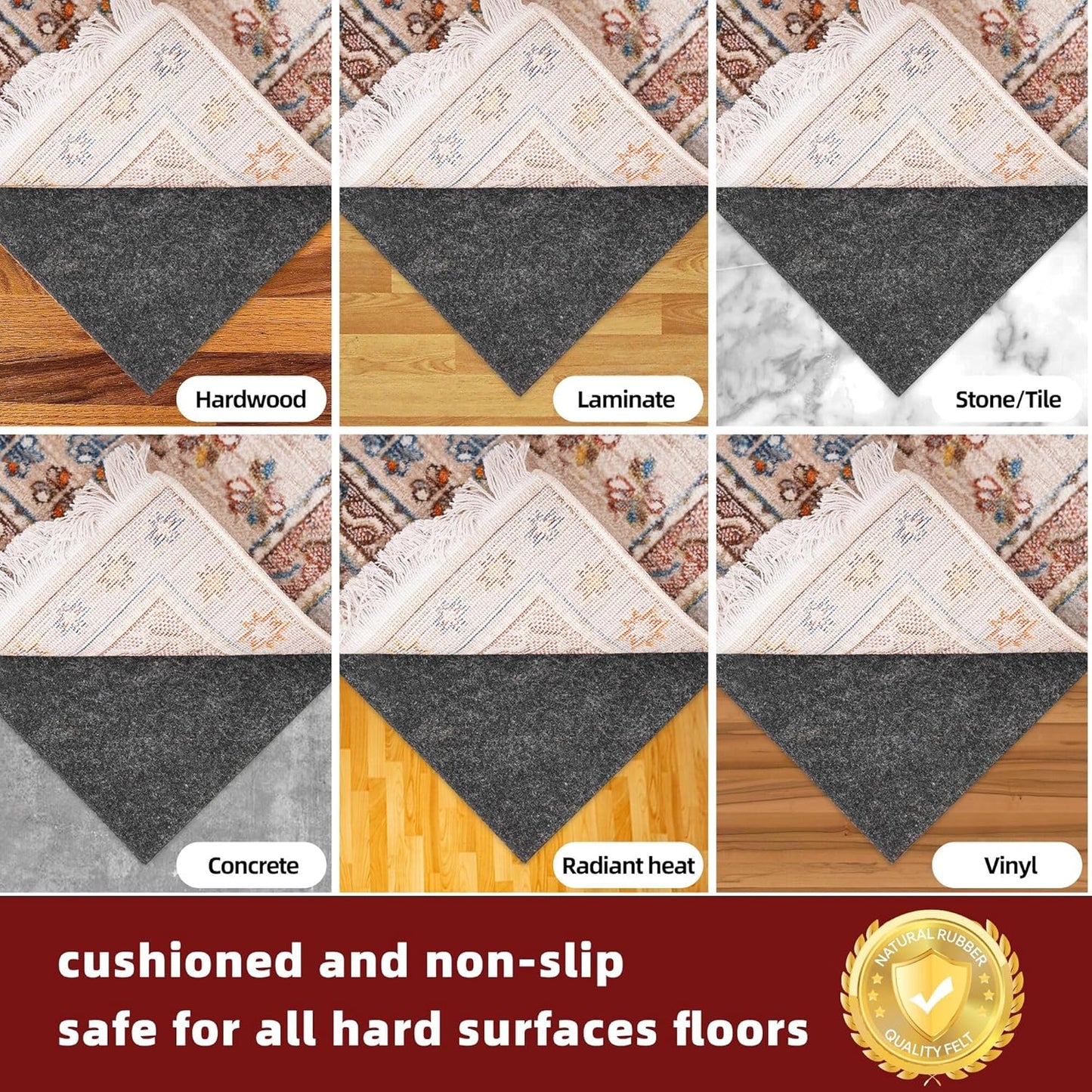 BAGAIL Felt and Natural Rubber Backing Rug Pads 1/8” Thick, 6 x 9 Ft Non Slip Rug Gripper Keep Rugs in Place, Under Area Rug Protective Cushioned Pads, Carpet Runners, Hardwood Floors Protection