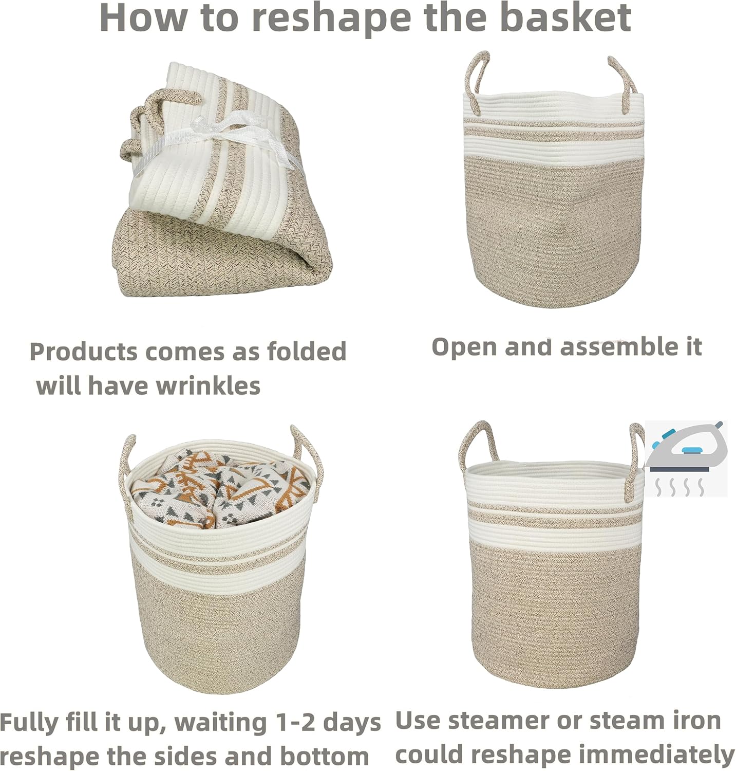 Cotton Rope Laundry Basket Hamper for Clothes Woven Storage Basket for Living Room Bedroom Boho Tall Rope Baskets for Blanket Toys Pillow Towels Baby Nursery Hamper Bin Large brown and white