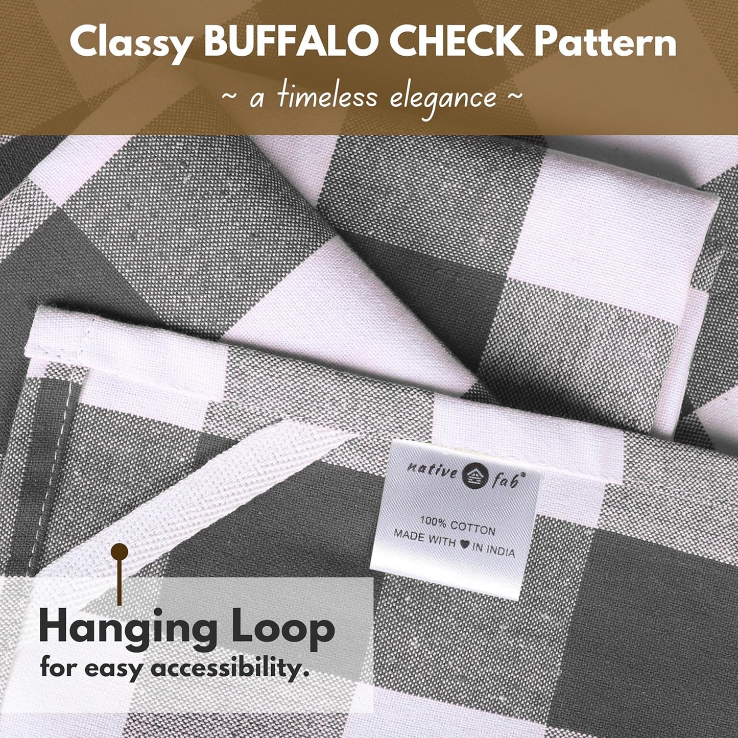 Native Fab 12-Pack Kitchen Towel with Hanging Loop 16x26 inches, Cotton Buffalo Check Kitchen Towels for Cleaning Drying, Washcloths Soft & Absorbent Cloth Rags, Bar Towel, Dish Cloth, Grey